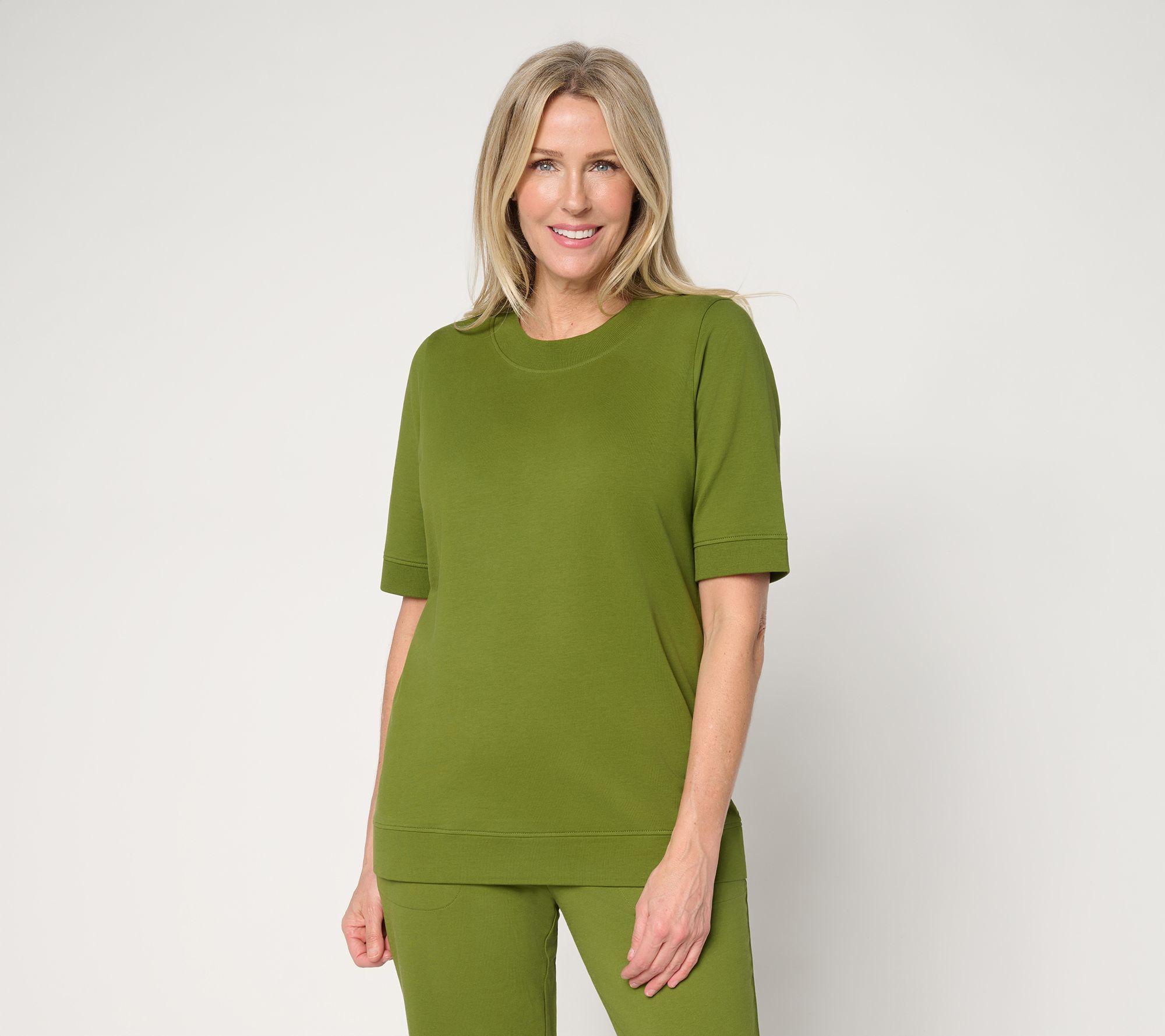 Denim & Co. EasyWear French Terry Elbow Sleeve Round Neck Top