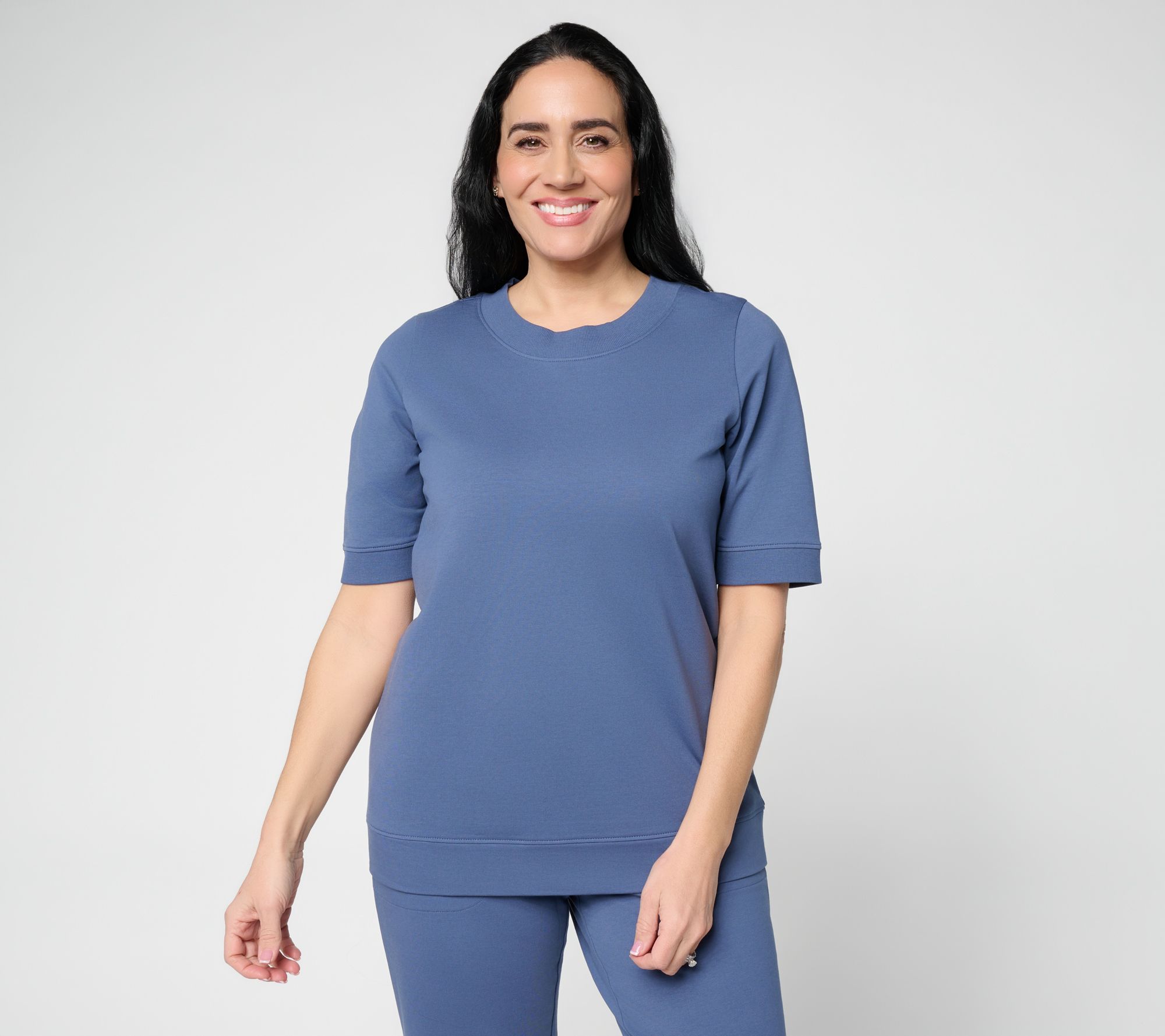 Denim & Co. EasyWear French Terry Elbow Sleeve Round Neck Top