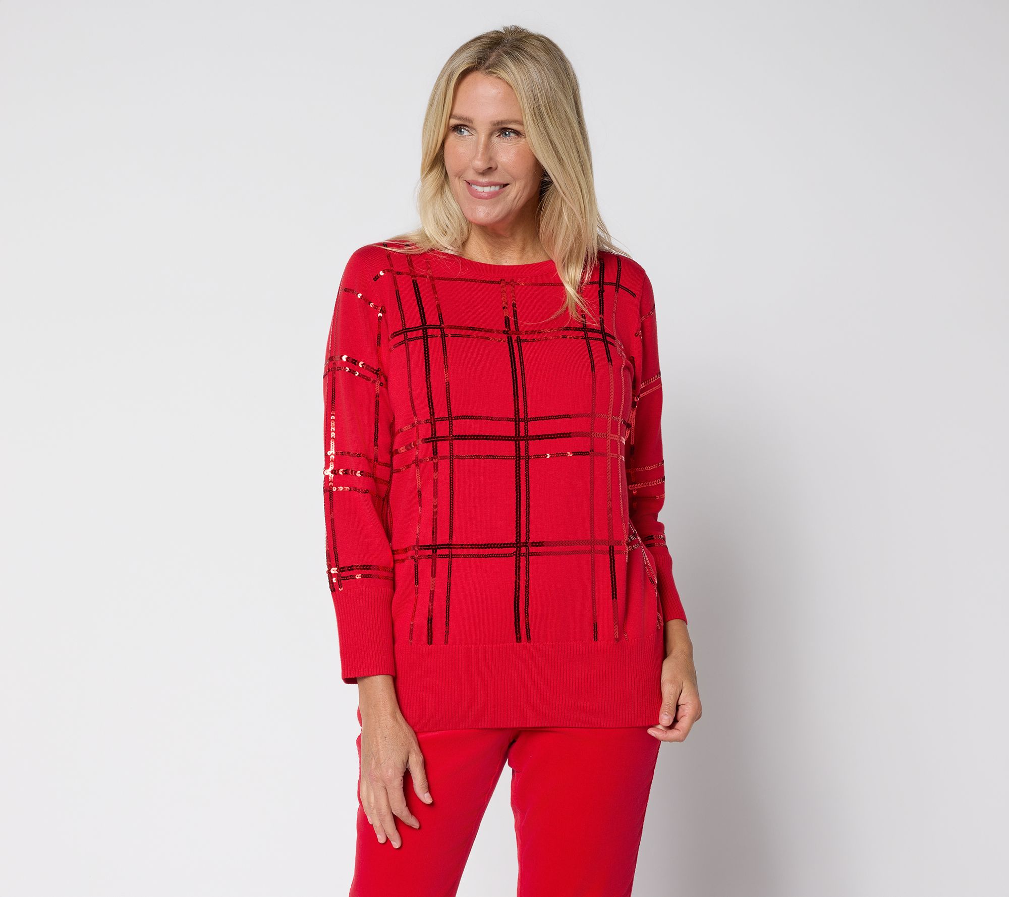 "As Is" Denim & Co. Plaid Sequin Boat Neck Bracelet Sleeve Sweater