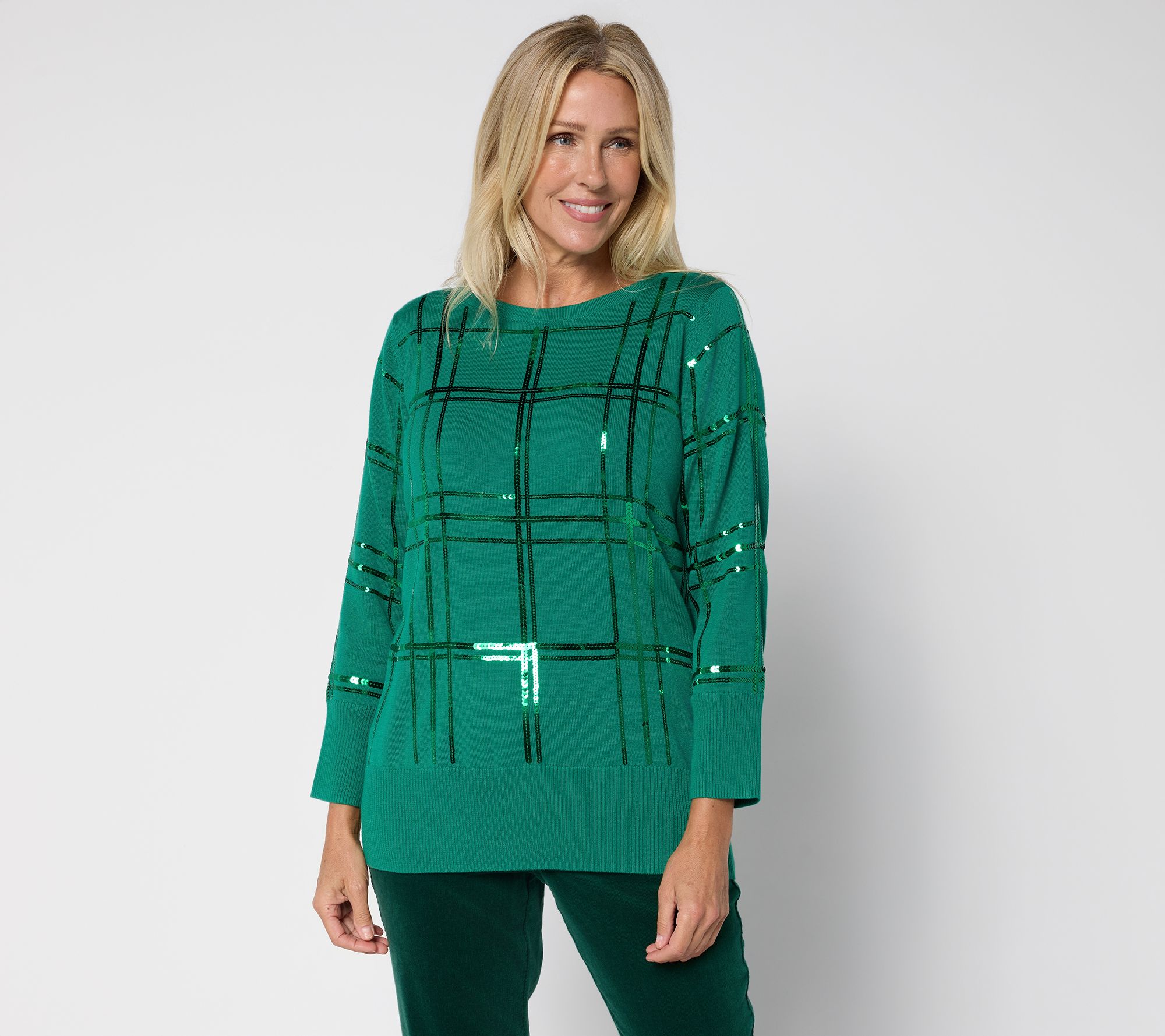 "As Is" Denim & Co. Plaid Sequin Boat Neck Bracelet Sleeve Sweater