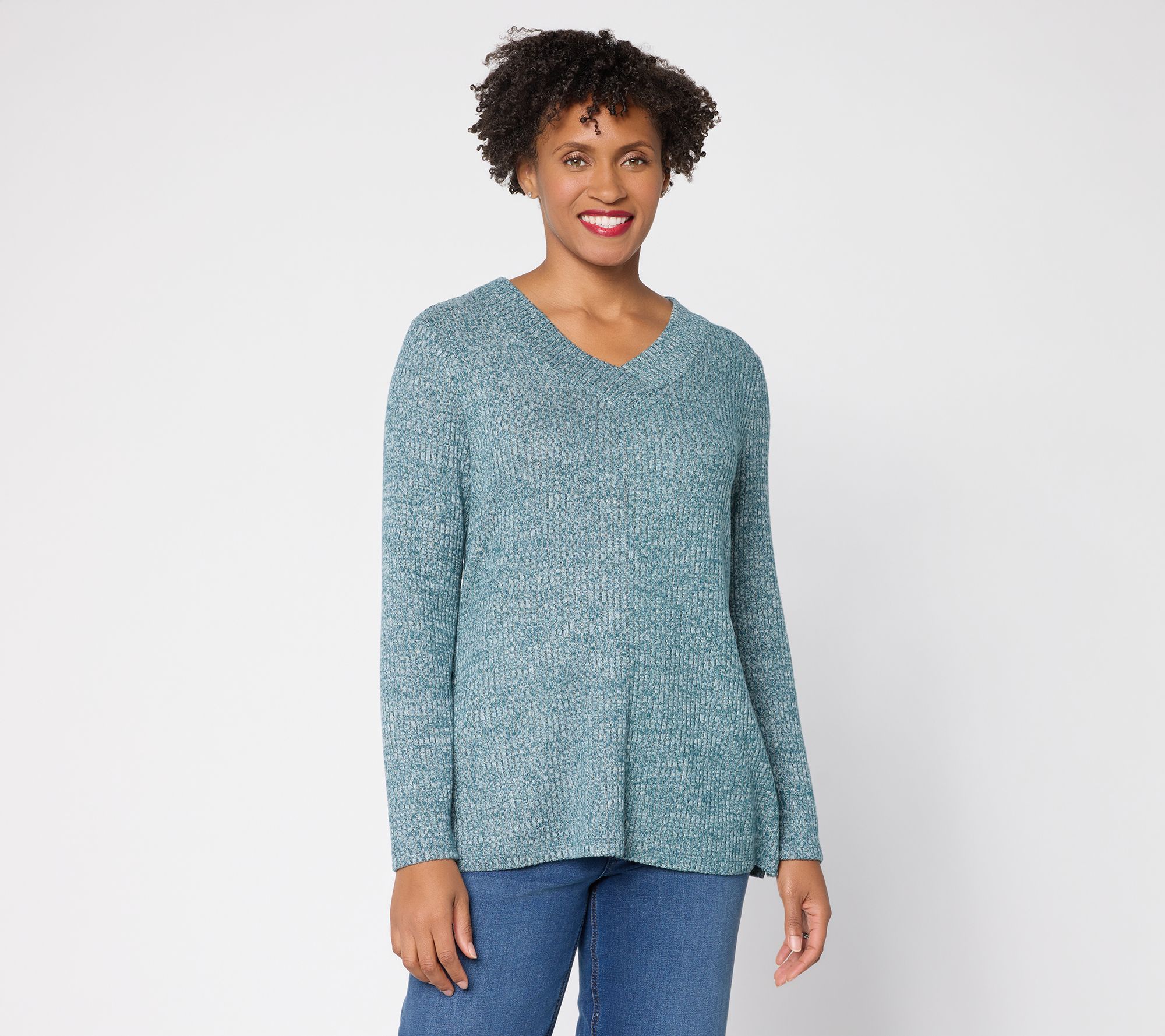 "As Is" Denim & Co. Petite Ribbed Long Sleeve V-Neck Tunic