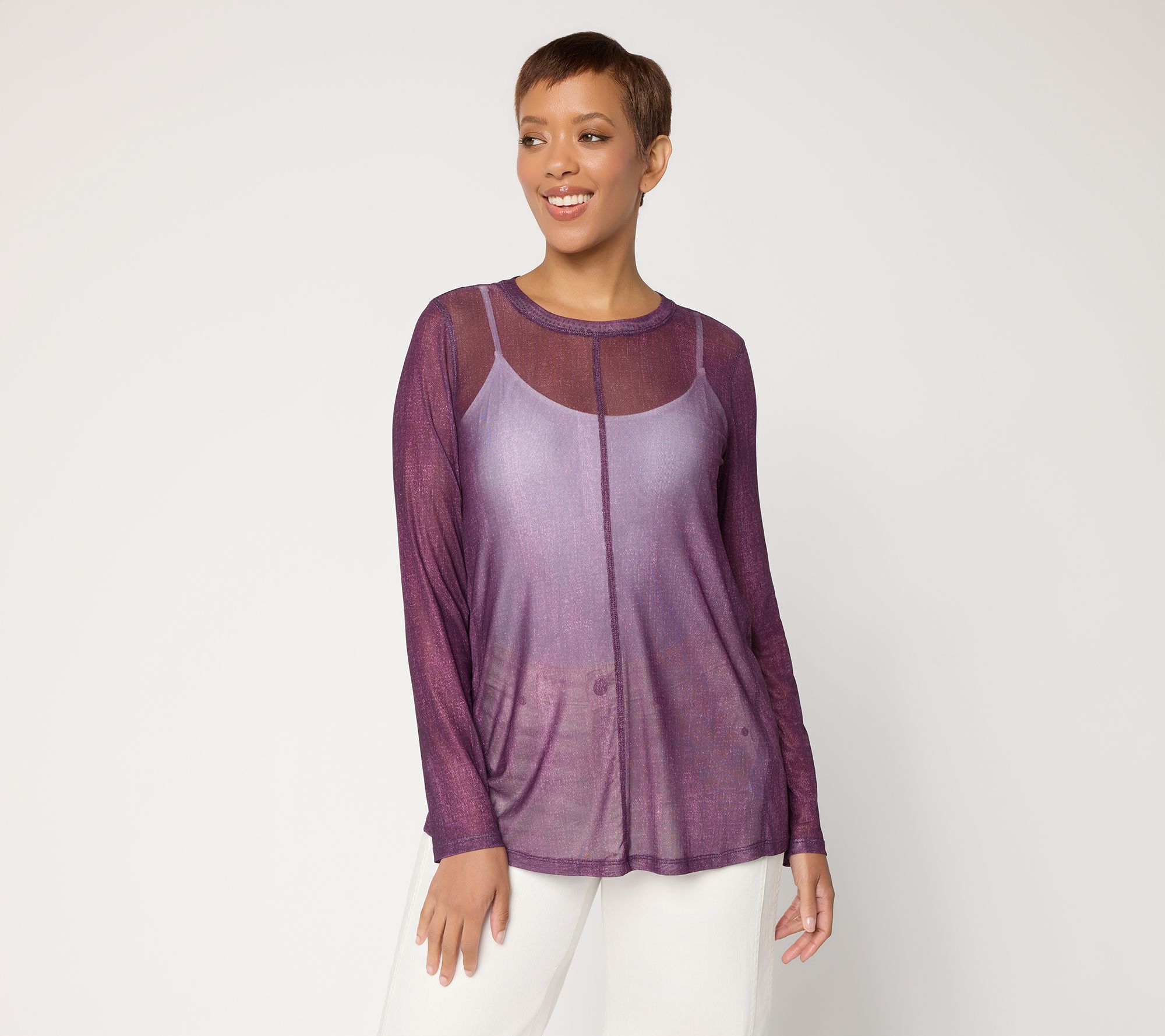 LOGO Layers by Lori Goldstein Texture Print Seamed Mesh Top