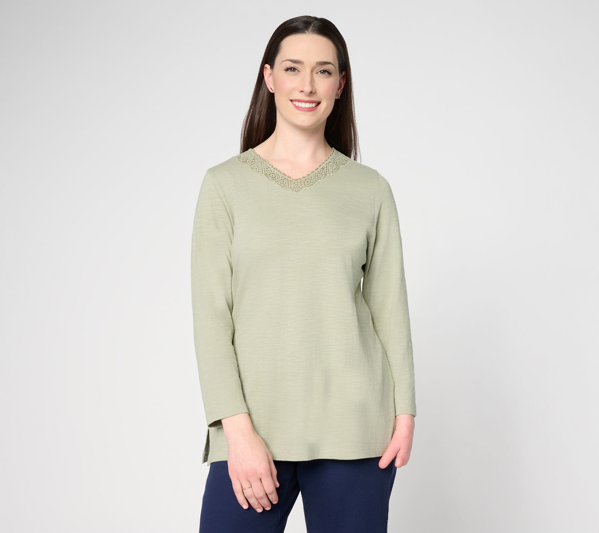 "As Is" Denim & Co. Petite Textured Cotton Bracelet Sleeve V-Neck Tunic