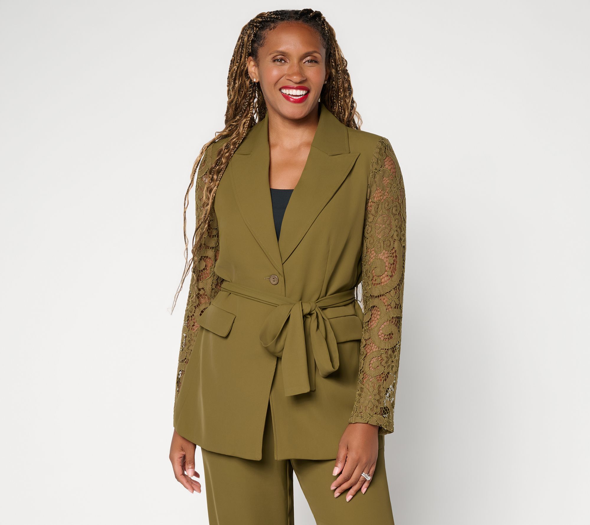  nicole by Nicole Miller Nora Stretch Lace Sleeve Belted Blazer