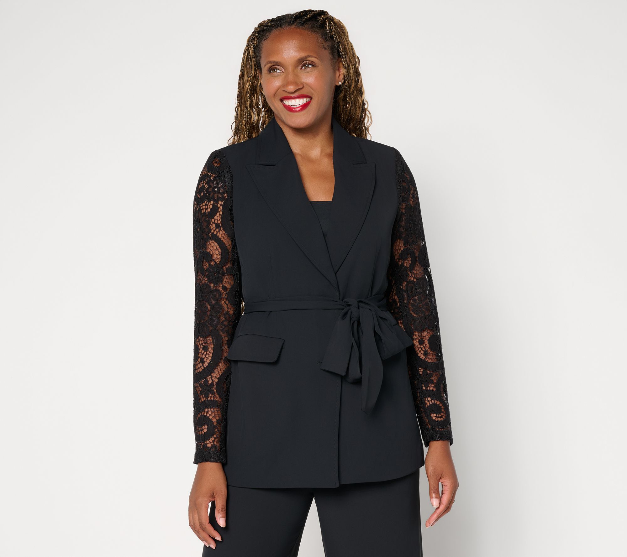 nicole by Nicole Miller Nora Stretch Lace Sleeve Belted Blazer
