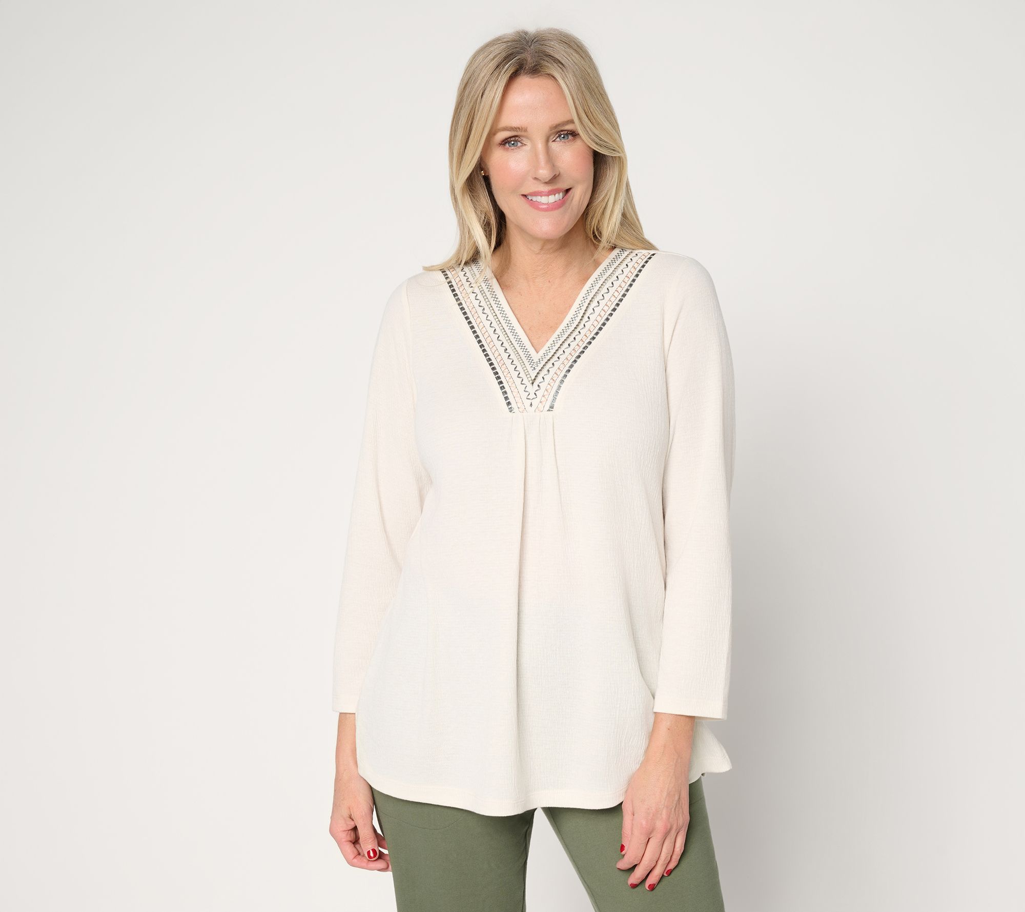 "As Is" Denim & Co. Beach Reg Knit Gauze Embroidered V-Neck Tunic