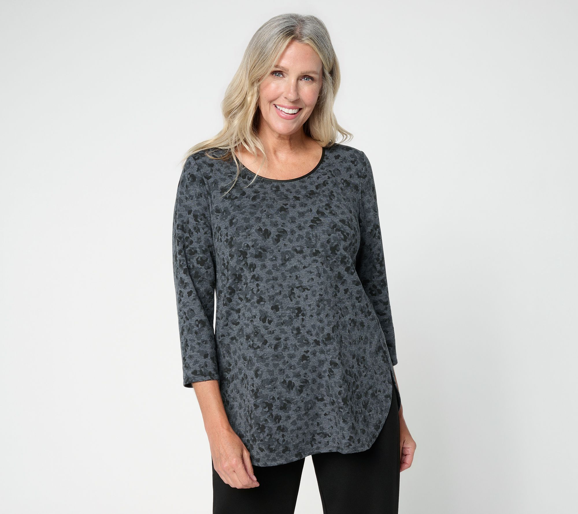 Susan Graver Petite Printed Jersey Knit Tulip Hem Shirt
