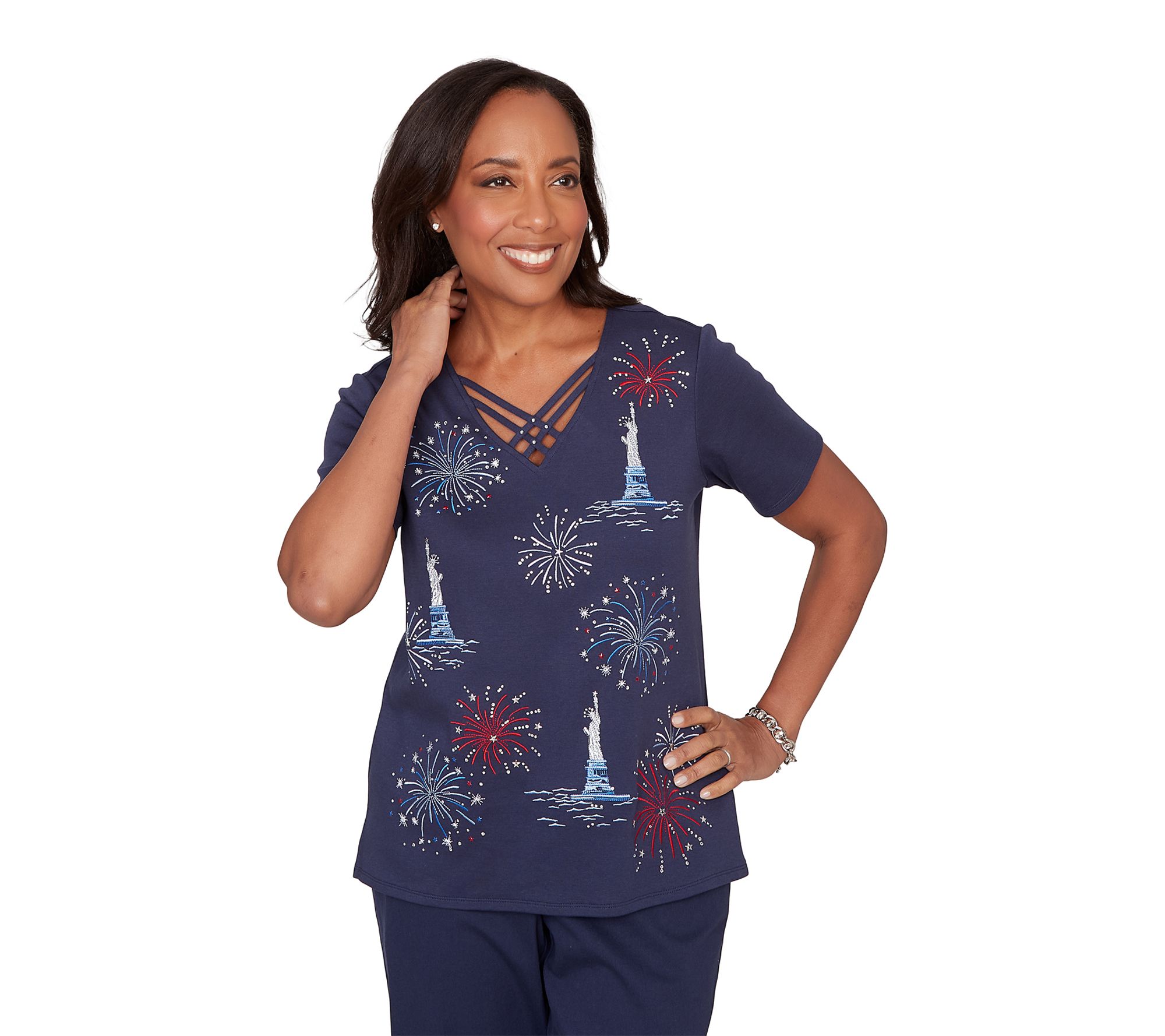 Alfred Dunner Women's Statue of Liberty Fireworks Tee
