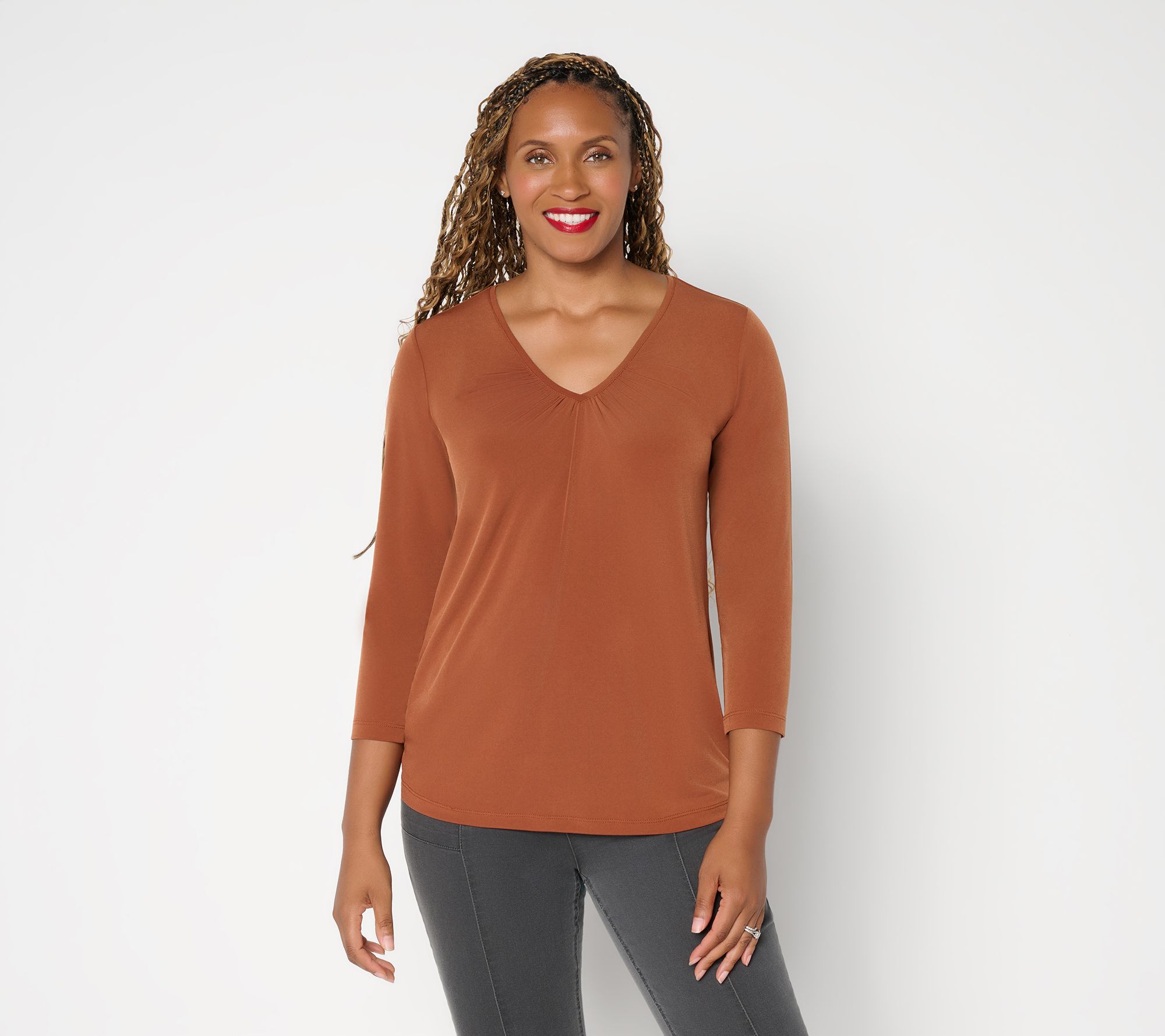 Susan Graver Essential Liquid Knit VNeck 3/4 Sleeve Top