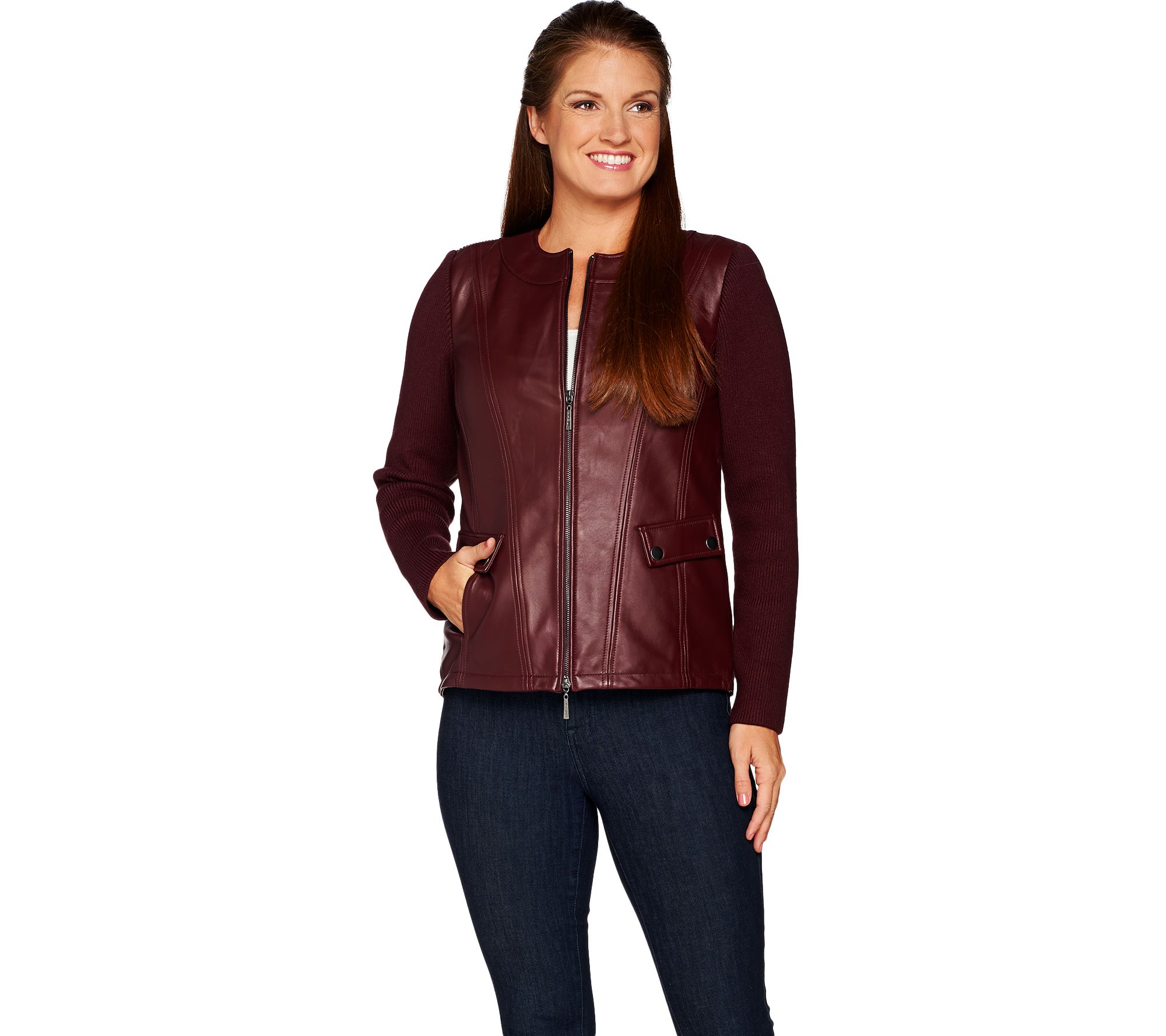 Leather jacket clearance with knit sleeves