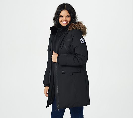 Arctic Expedition Non-Quilted Down Coat with Removable Hood