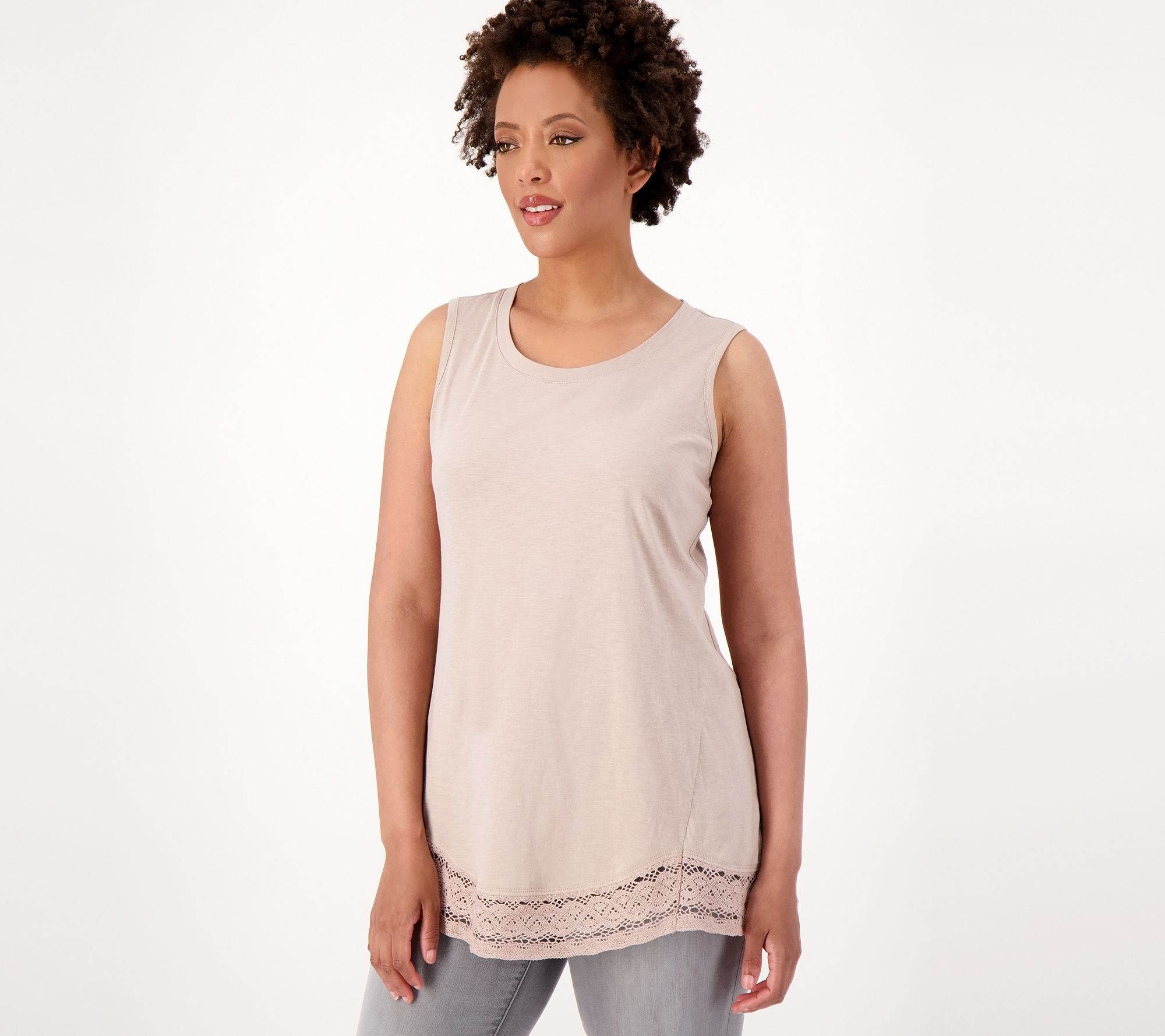 LOGO Layers by Lori Goldstein Cotton Slub Tank Top with Lace Hem