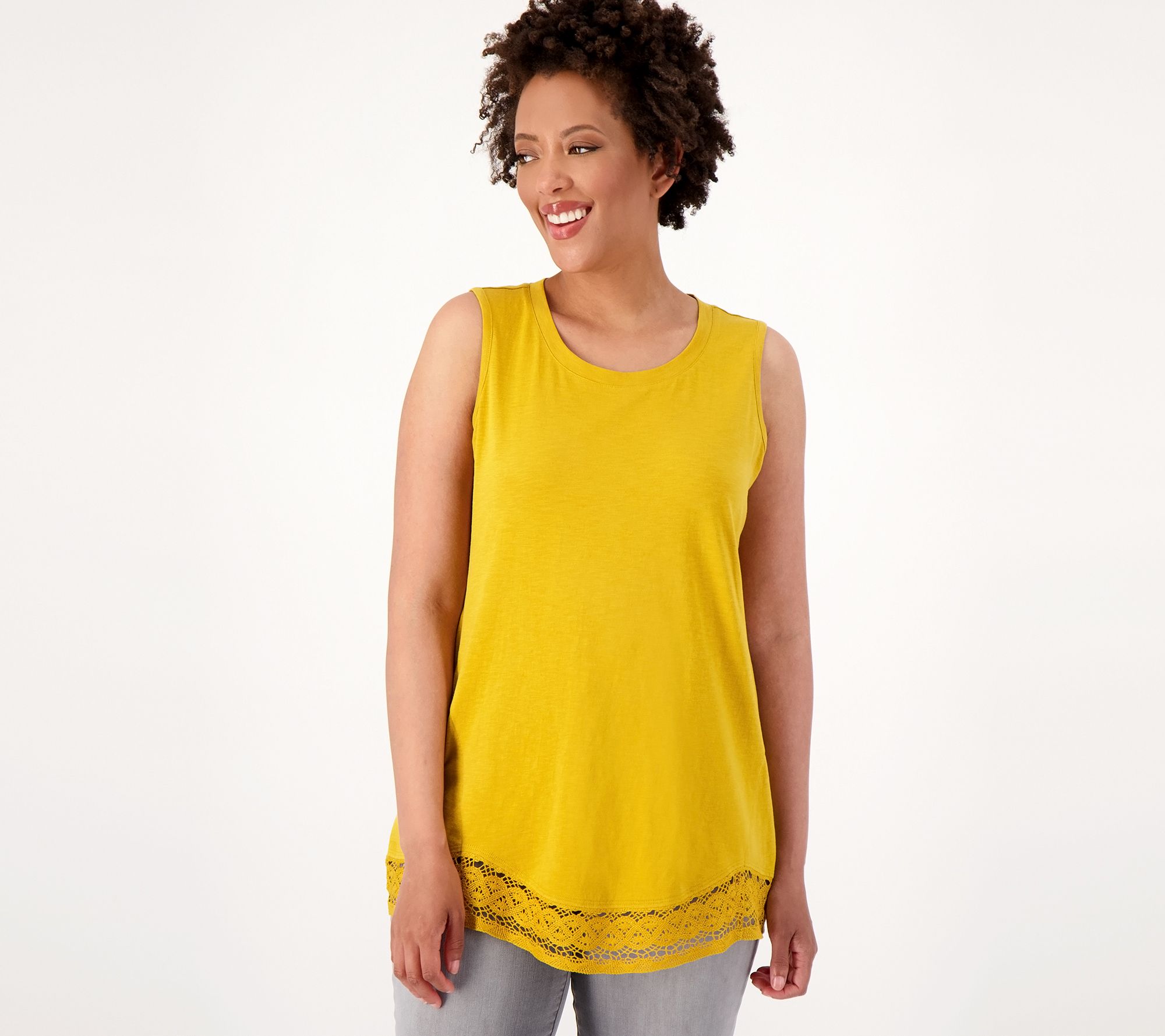 LOGO Layers by Lori Goldstein Cotton Slub Tank Top with Lace Hem