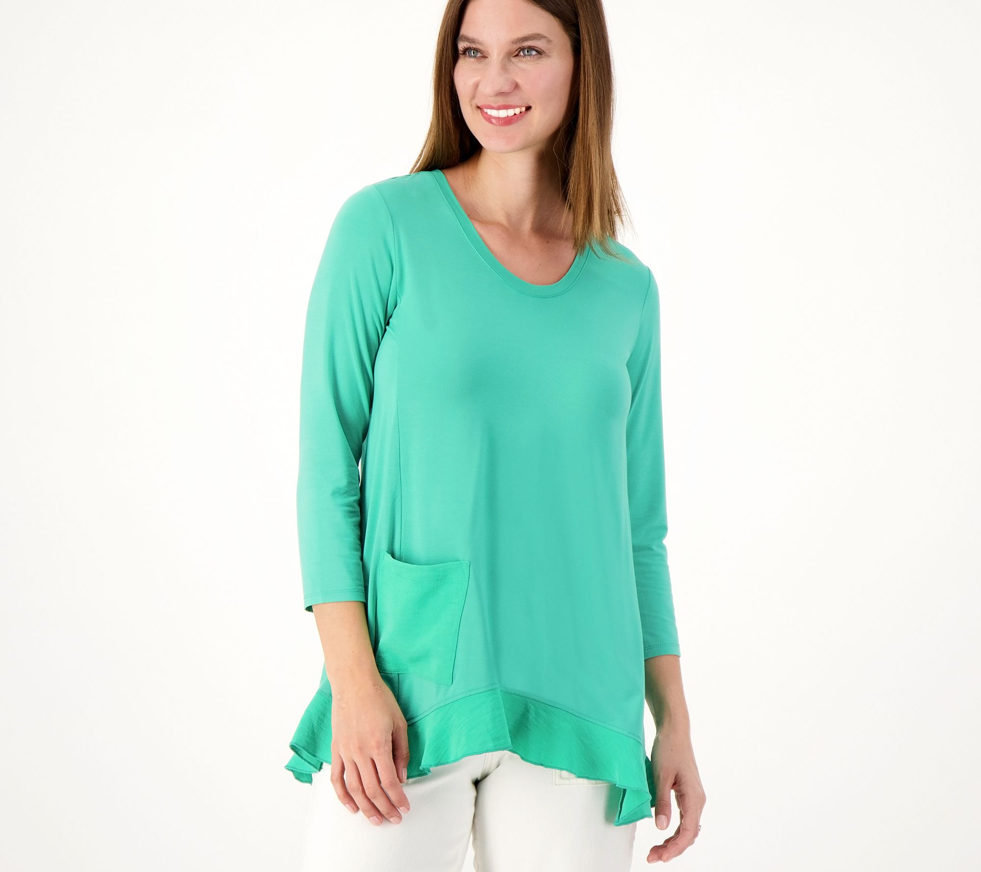 LOGO by Lori Goldstein 3/4 Sleeve Knit Top w/ Woven Hem
