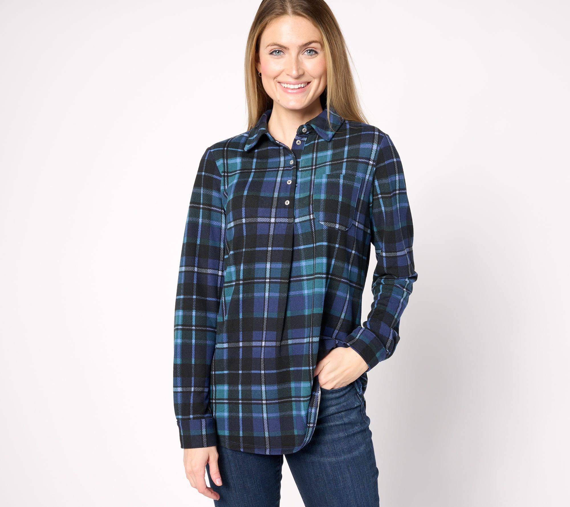 Denim & Co. Regular Plaid Heavenly Jersey Henley Tunic with Pockets