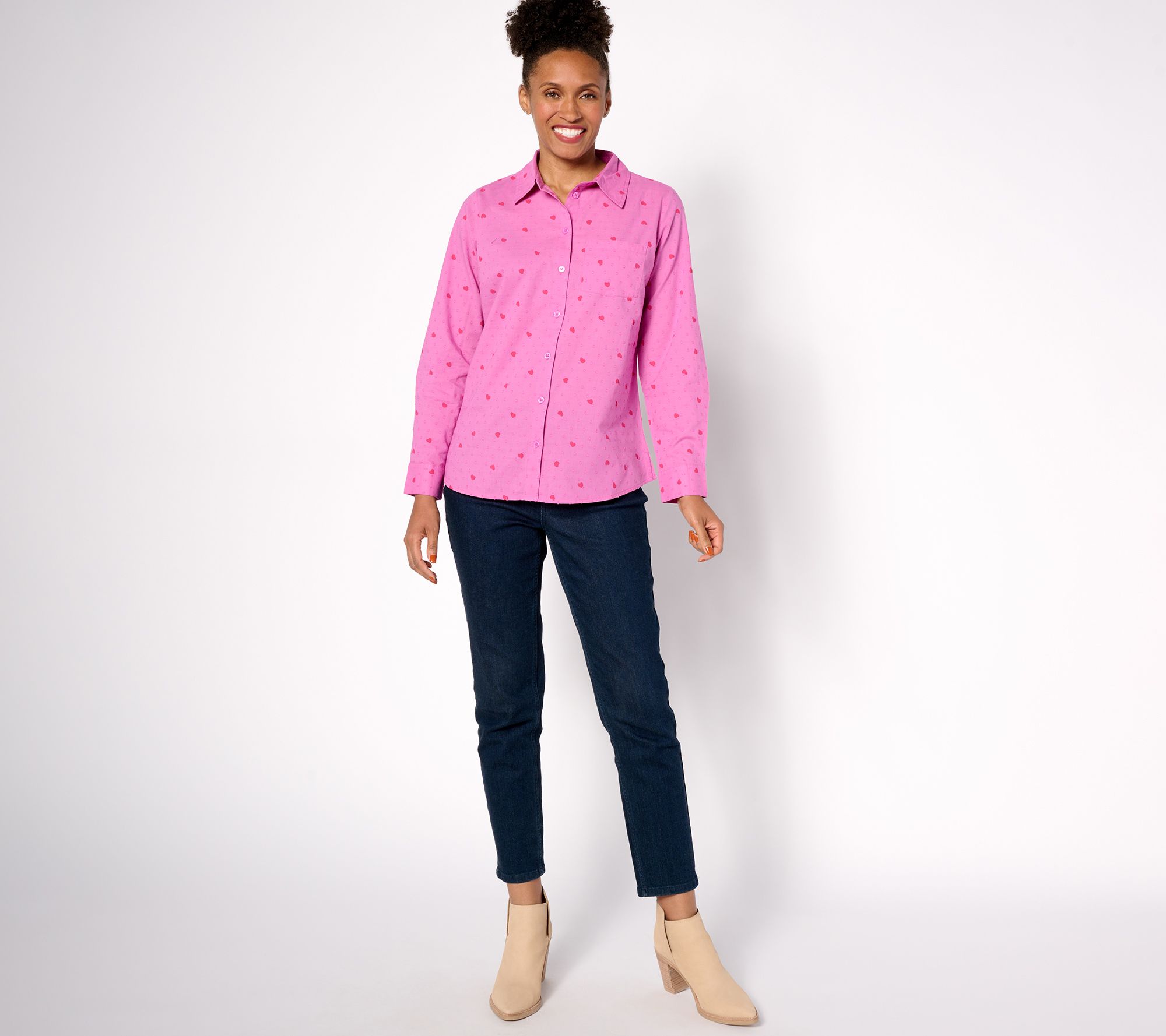 Denim & Co. Valentine's Clip Dot Button Front Shirt