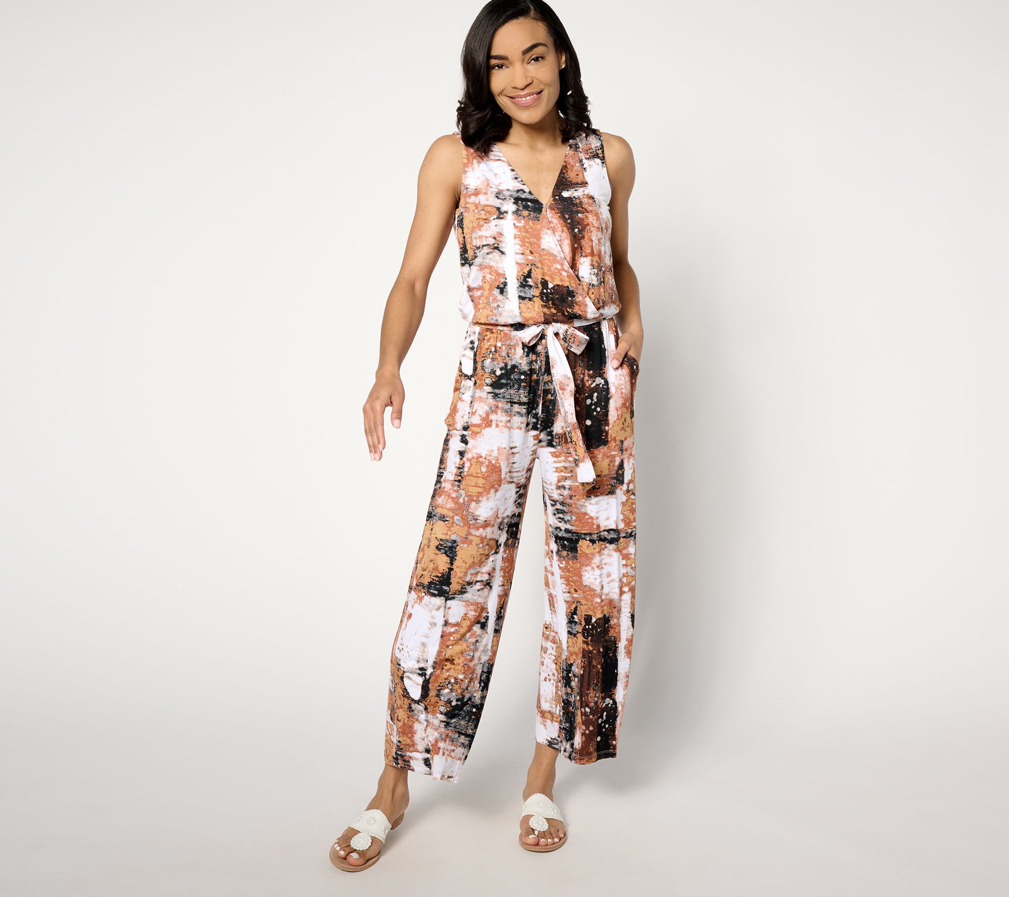Susan Graver Soleil Regular Printed Tie Waist Jumpsuit