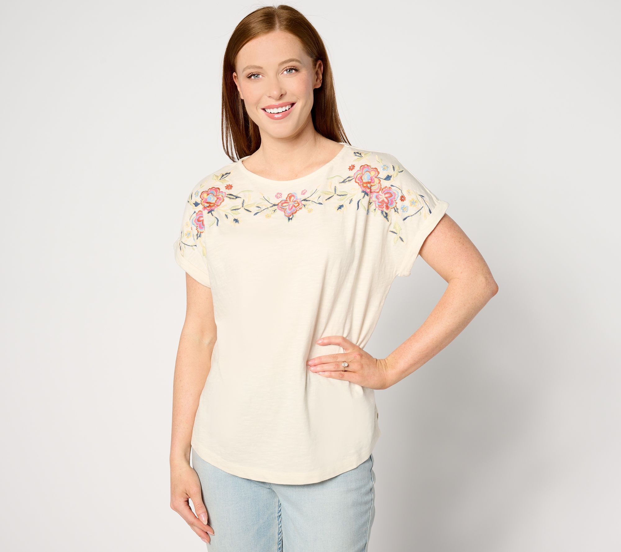 Denim & Co. Canyon Retreat Dolman Short Sleeve Embroidered Top