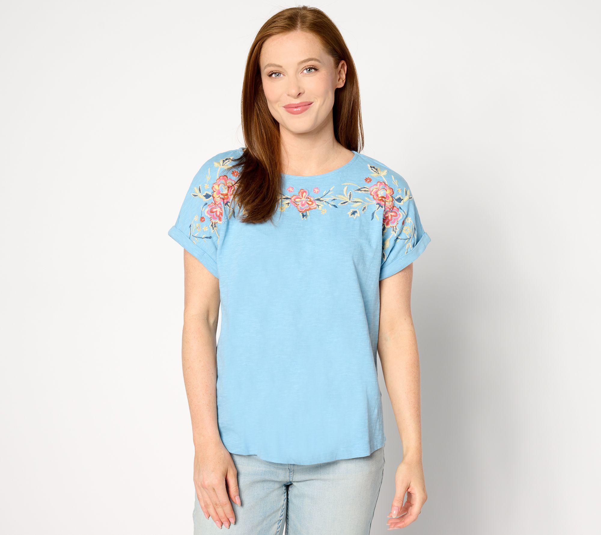 Denim & Co. Canyon Retreat Dolman Short Sleeve Embroidered Top