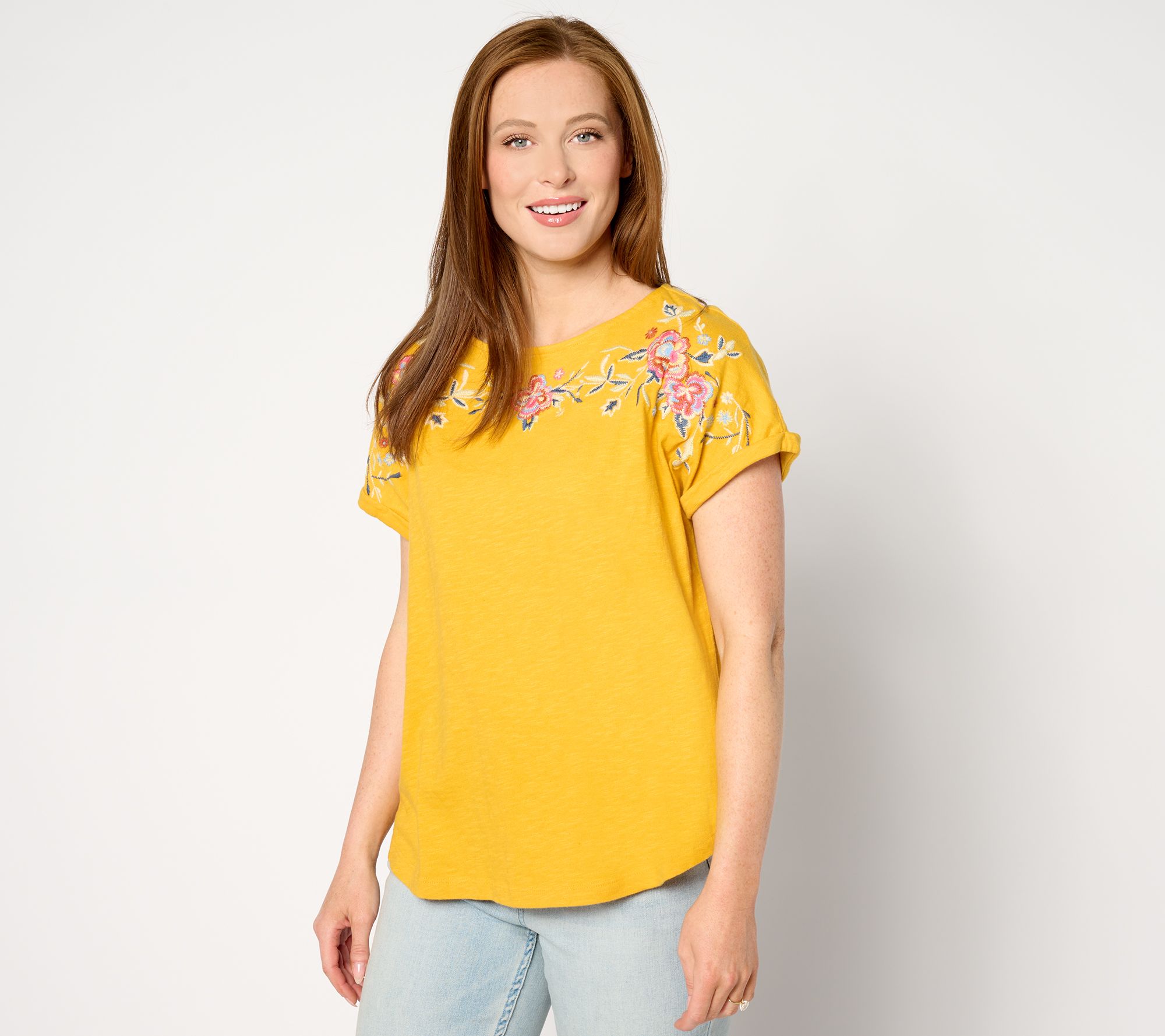Denim & Co. Canyon Retreat Dolman Short Sleeve Embroidered Top