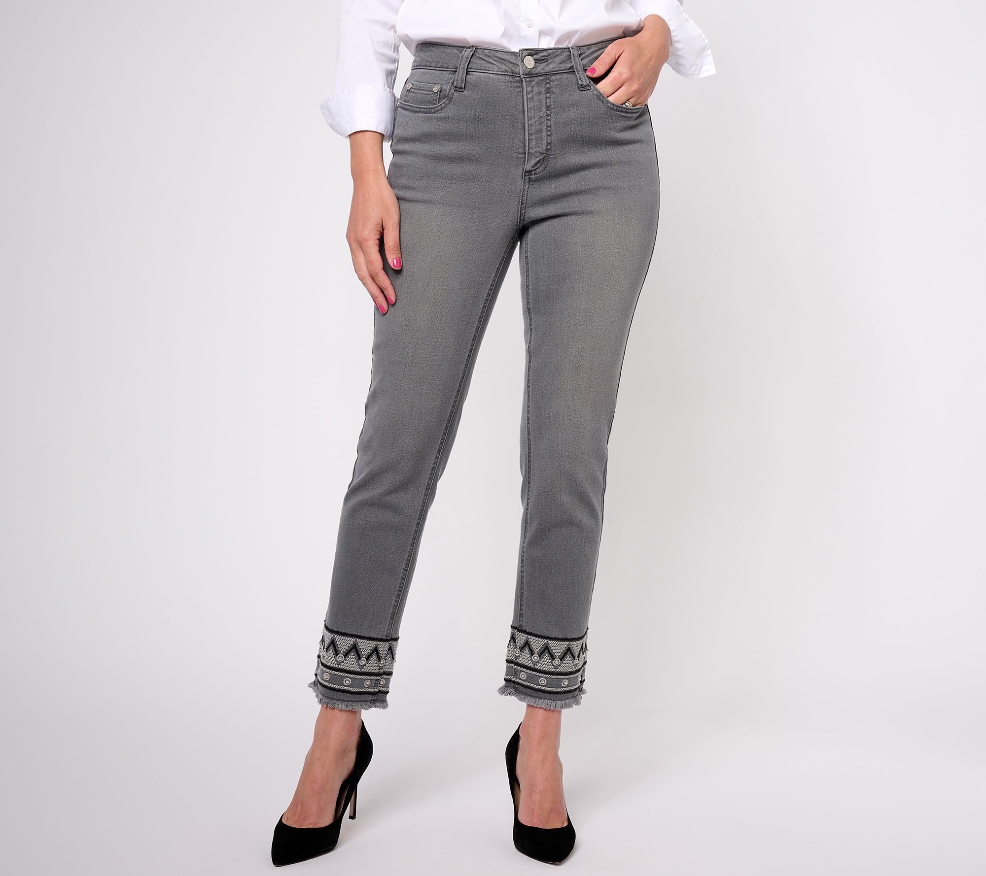 "As Is" Susan Graver Petite Straight Leg Jean with Embroidered Hem