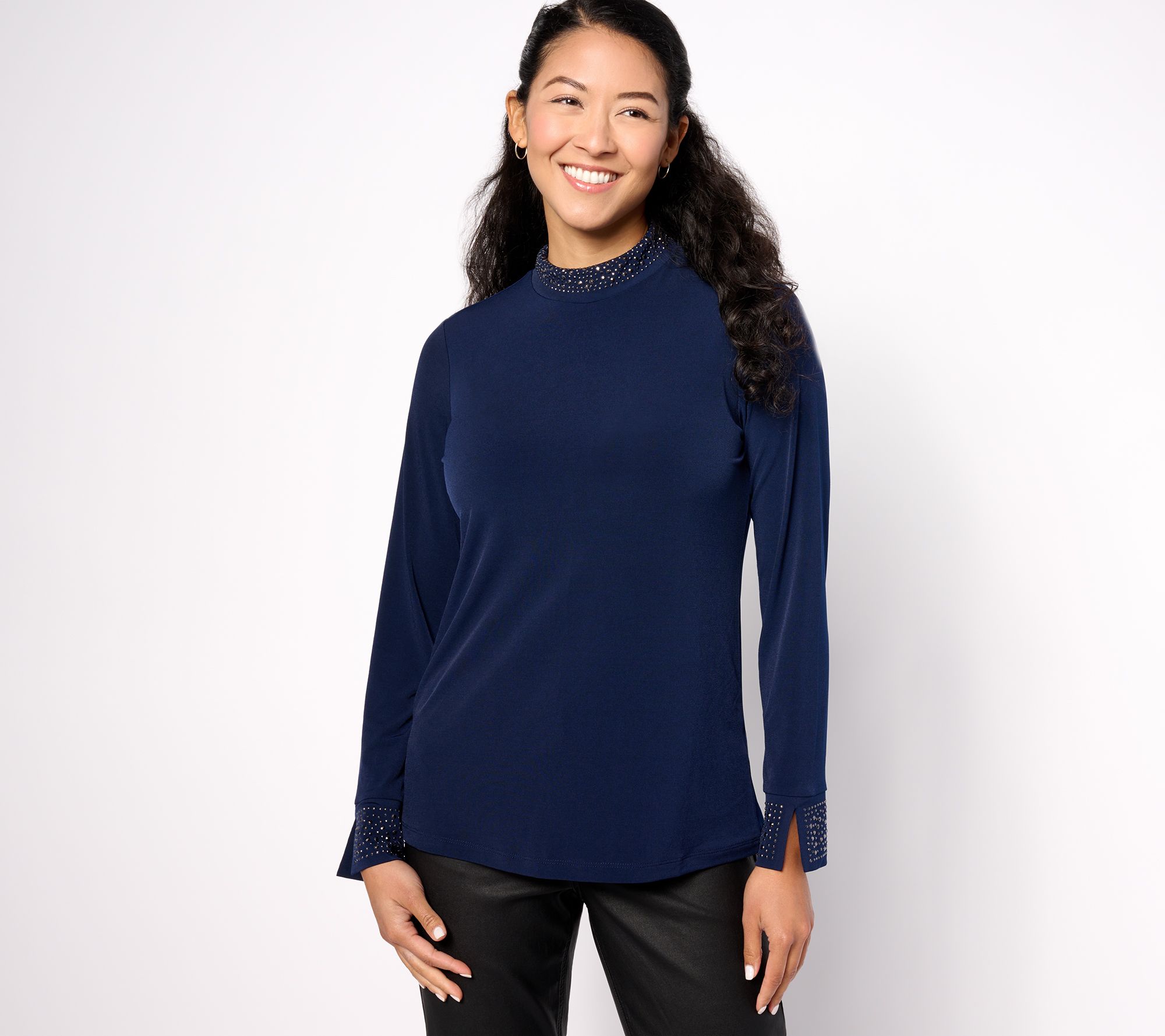 "As Is" Susan Graver Occasion Liquid Knit Embellished Mock Neck Top
