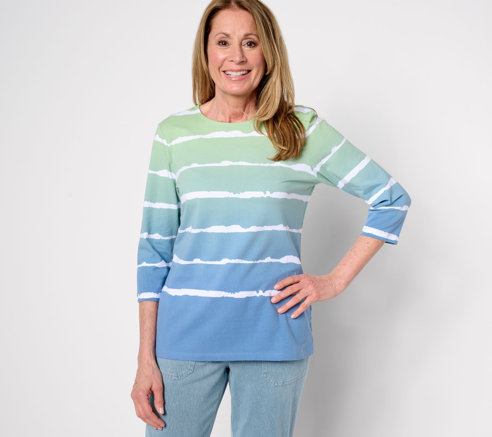 Denim & Co. Americana Favorite Jersey Ombre Striped 3/4 Sleeve Top