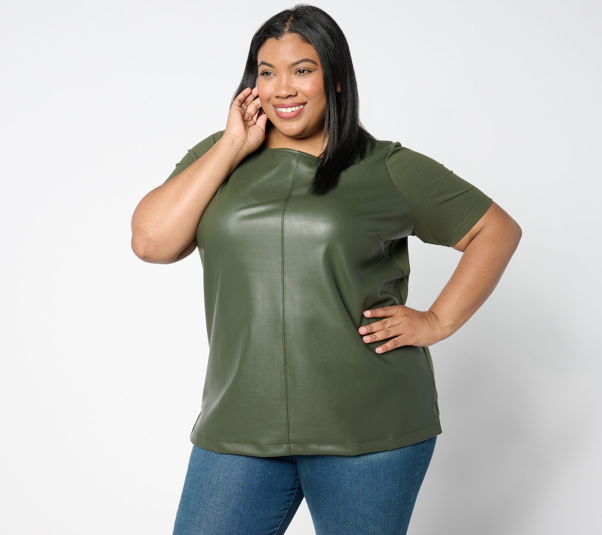 Belle by Kim Gravel Faux Leather Knit Back Top - QVC.com