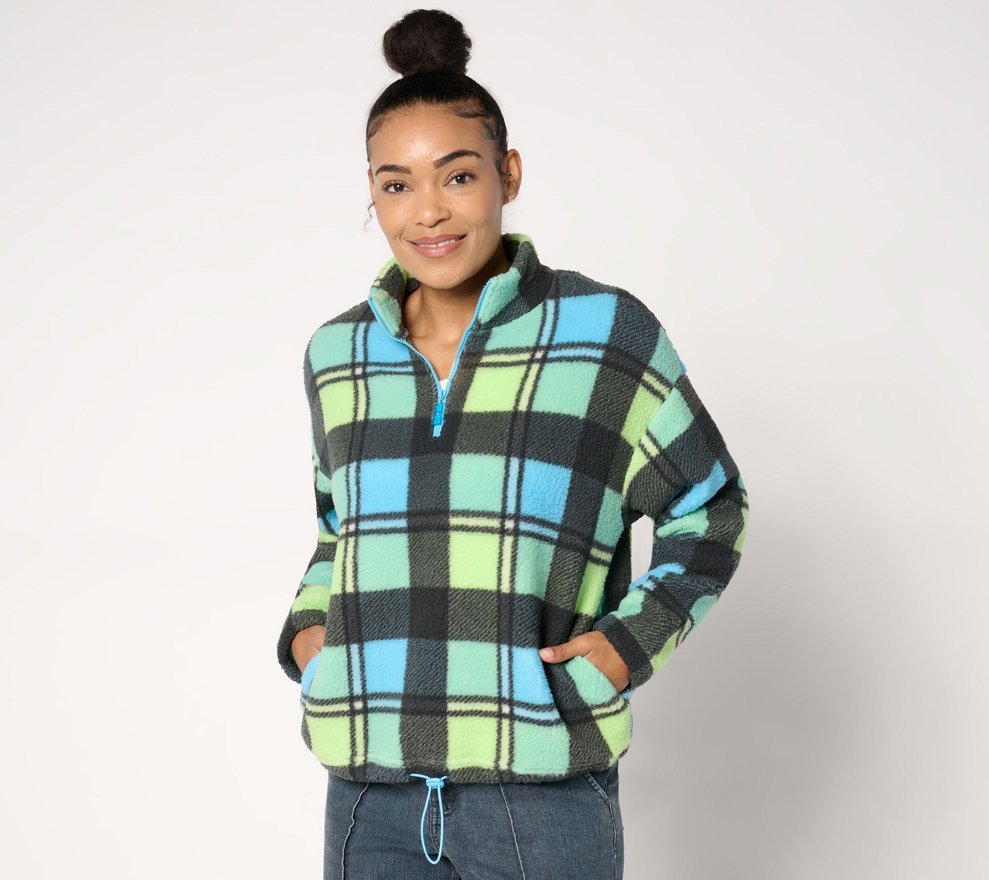 Belle by Kim Gravel Mad for Plaid Sherpa Half Zip w/ Bungee Tie