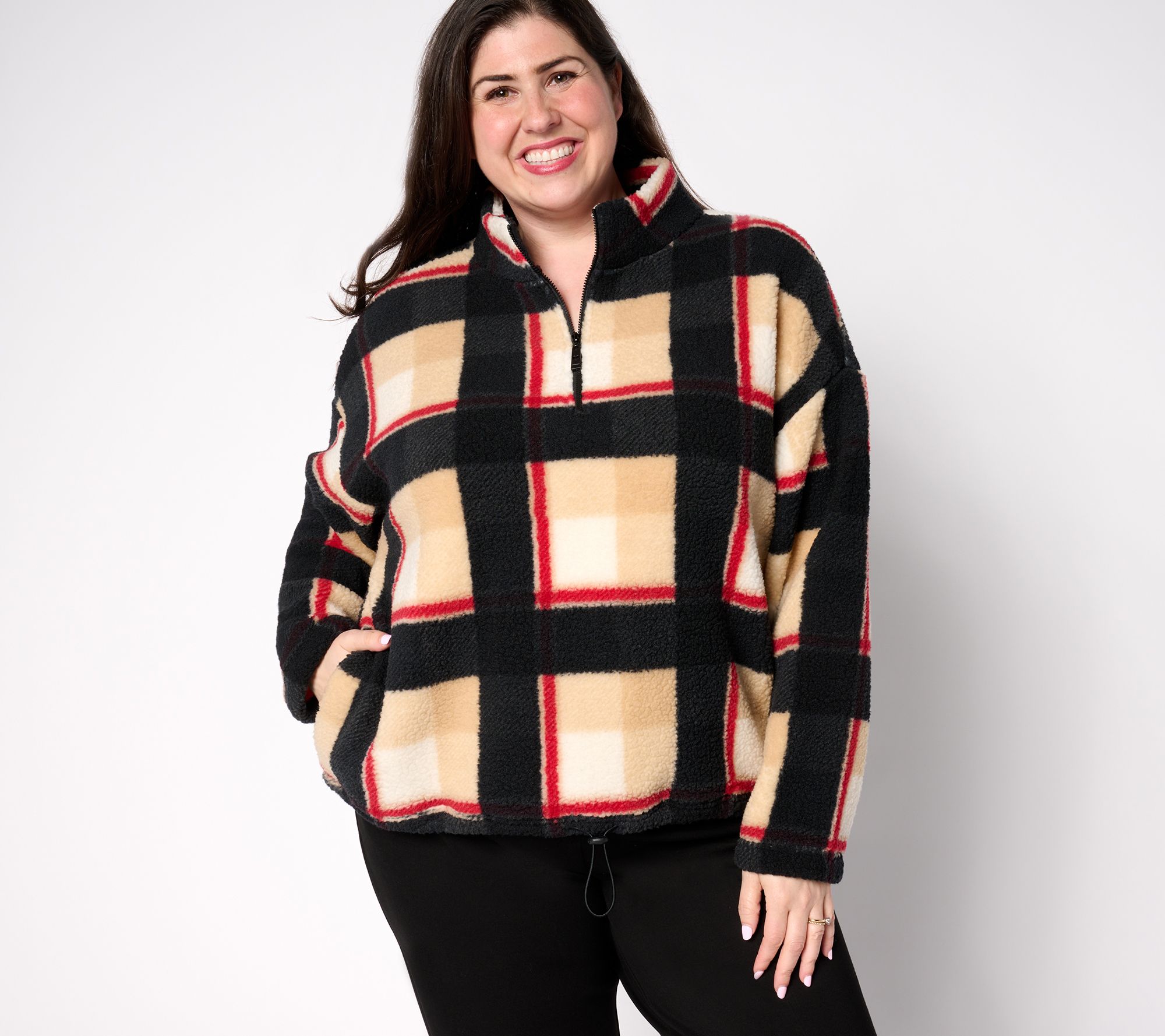 Belle by Kim Gravel Mad for Plaid Sherpa Half Zip w/ Bungee Tie