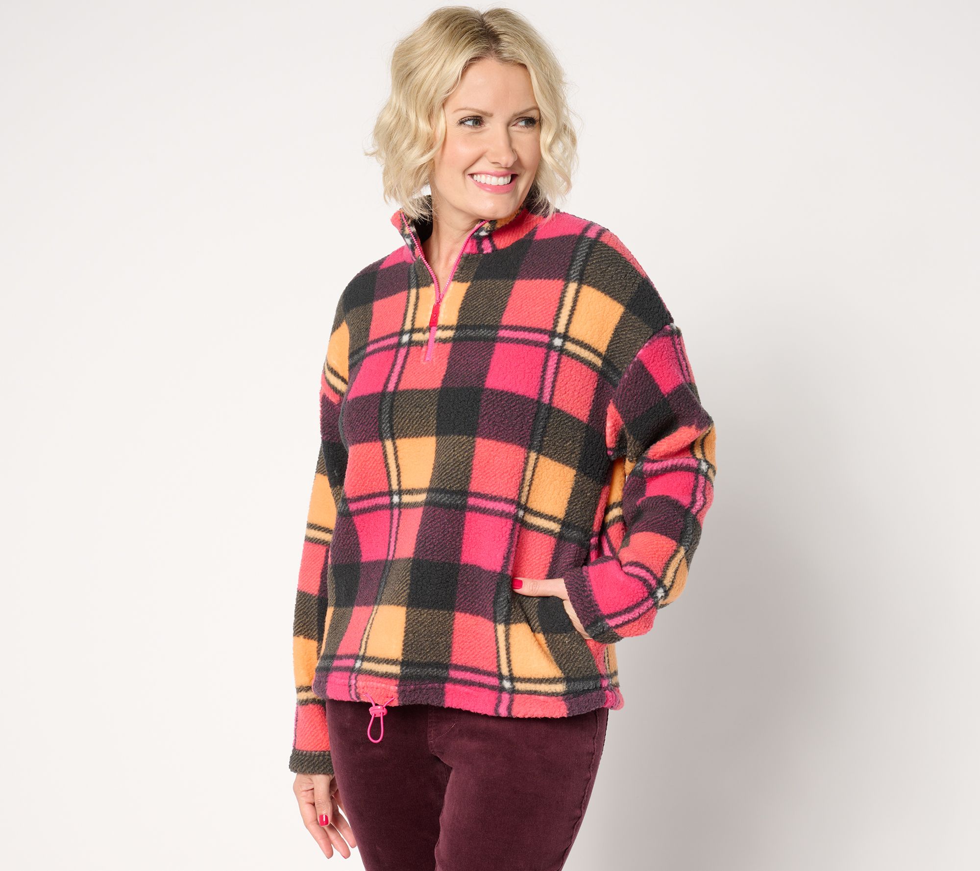 Belle by Kim Gravel Mad for Plaid Sherpa Half Zip w/ Bungee Tie