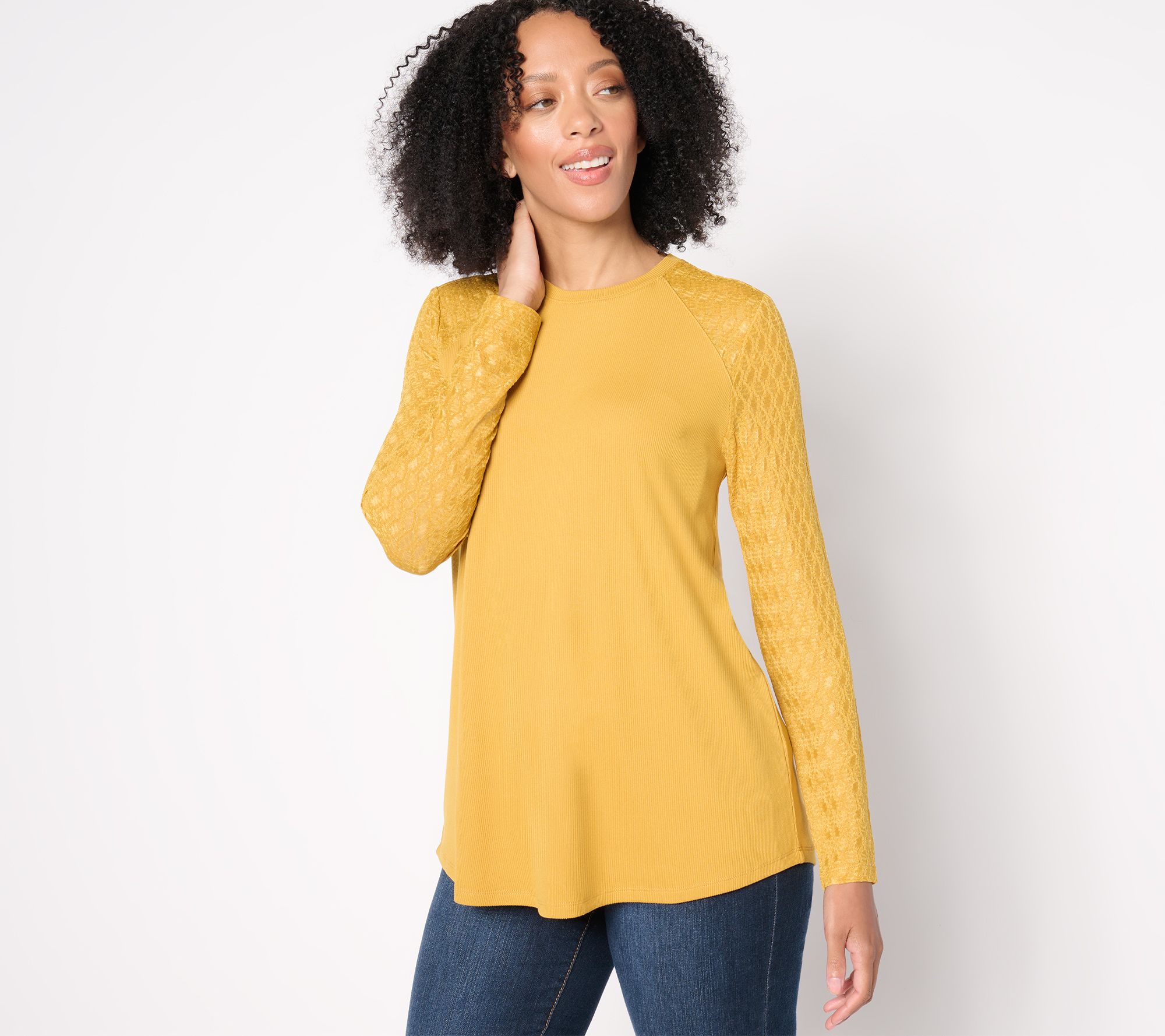  LOGO by Lori Goldstein Long Sleeve Rib and Lace Mix Top
