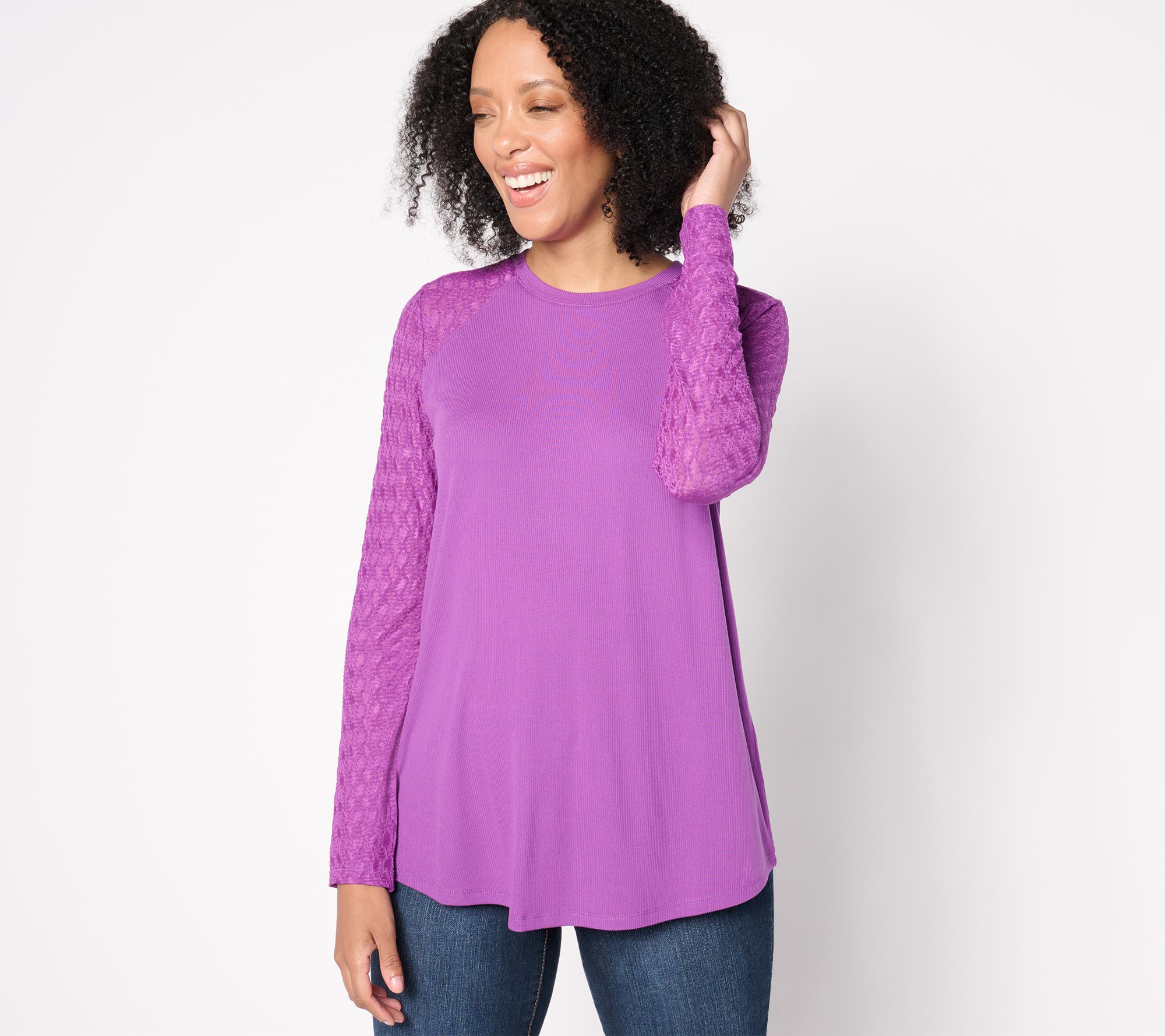 LOGO by Lori Goldstein Long Sleeve Rib and Lace Mix Top