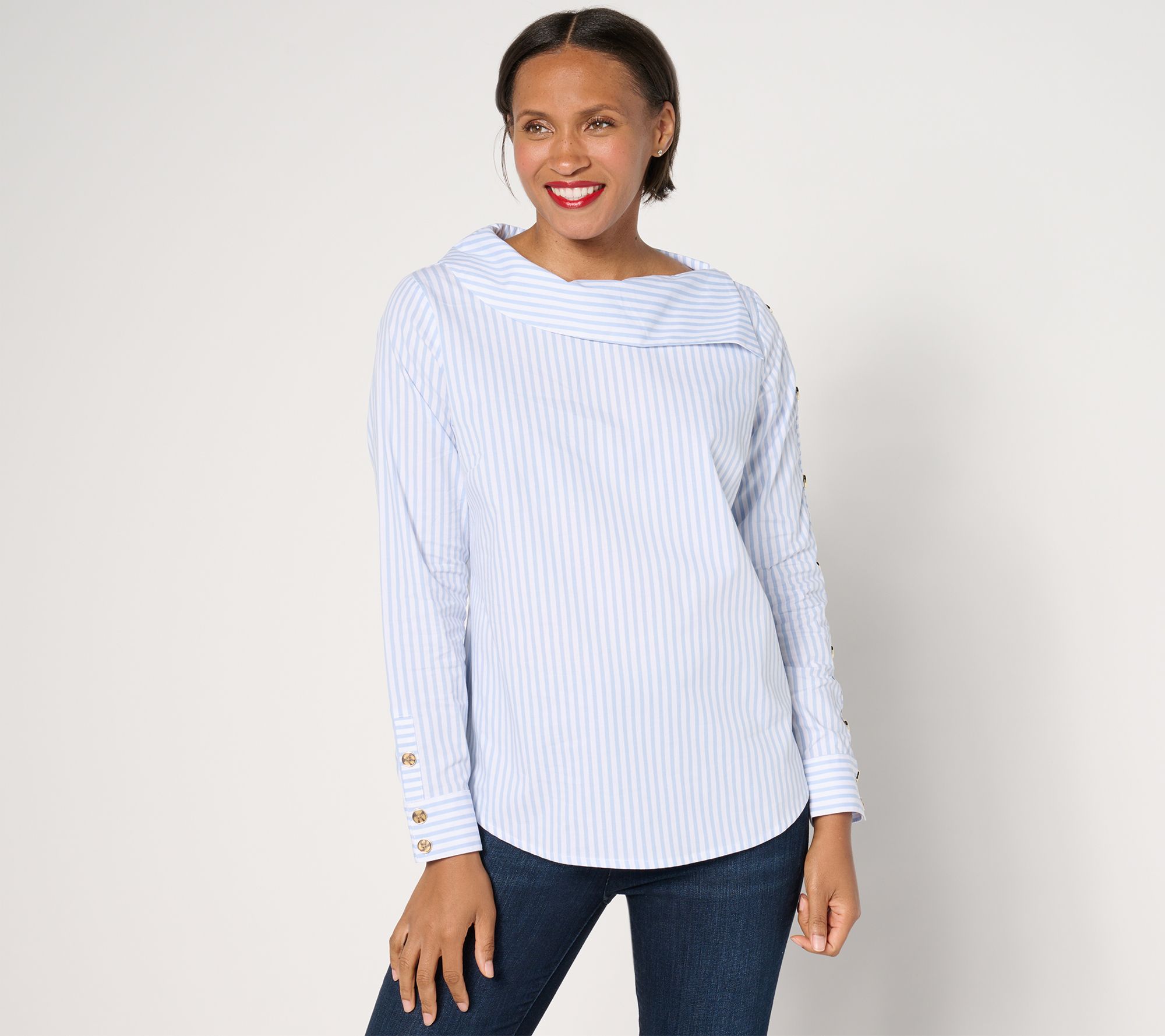 Denim & Co. Heritage Yarn Dye Button Shoulder Striped Top