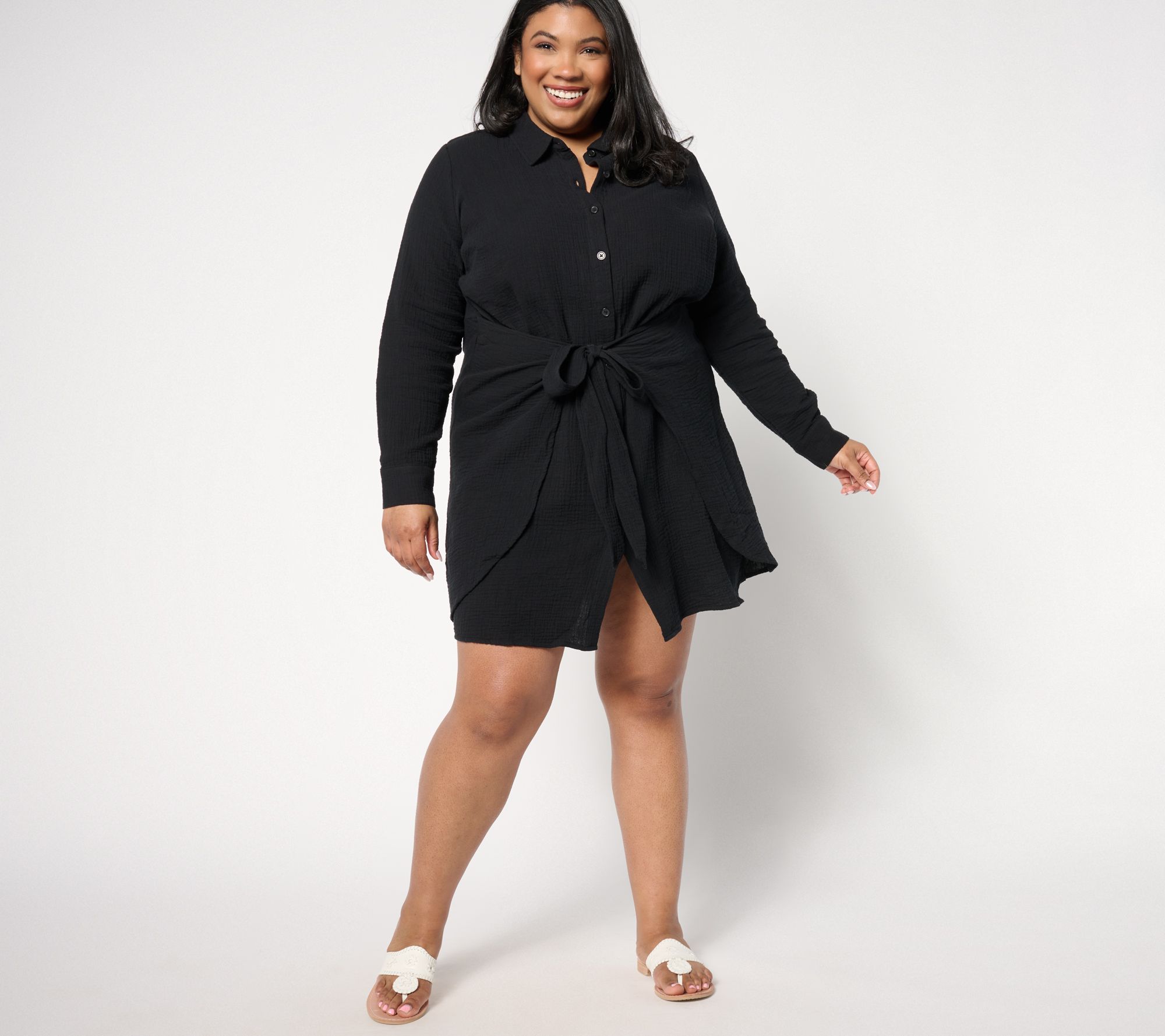 "As Is" Belle Beach by Kim Gravel Petite Gauze Tie Front Shirt Dress