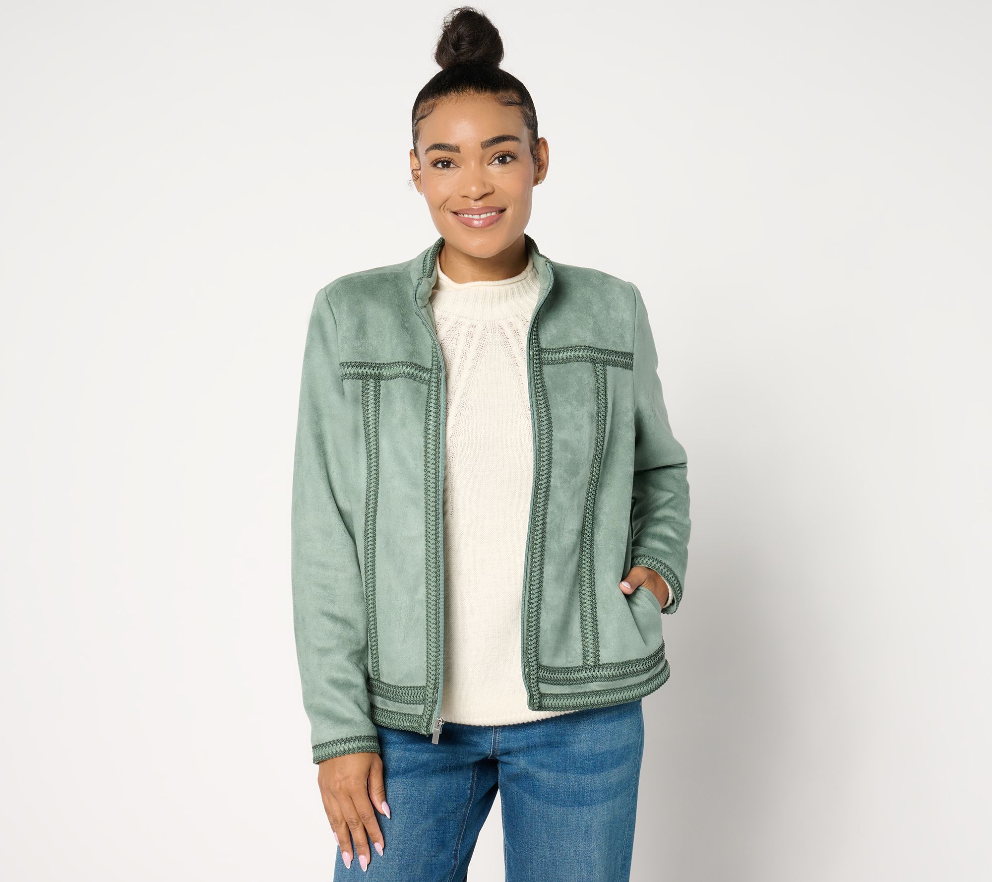 Denim & Co. Archives Faux Suede Jacket with Crochet Trim
