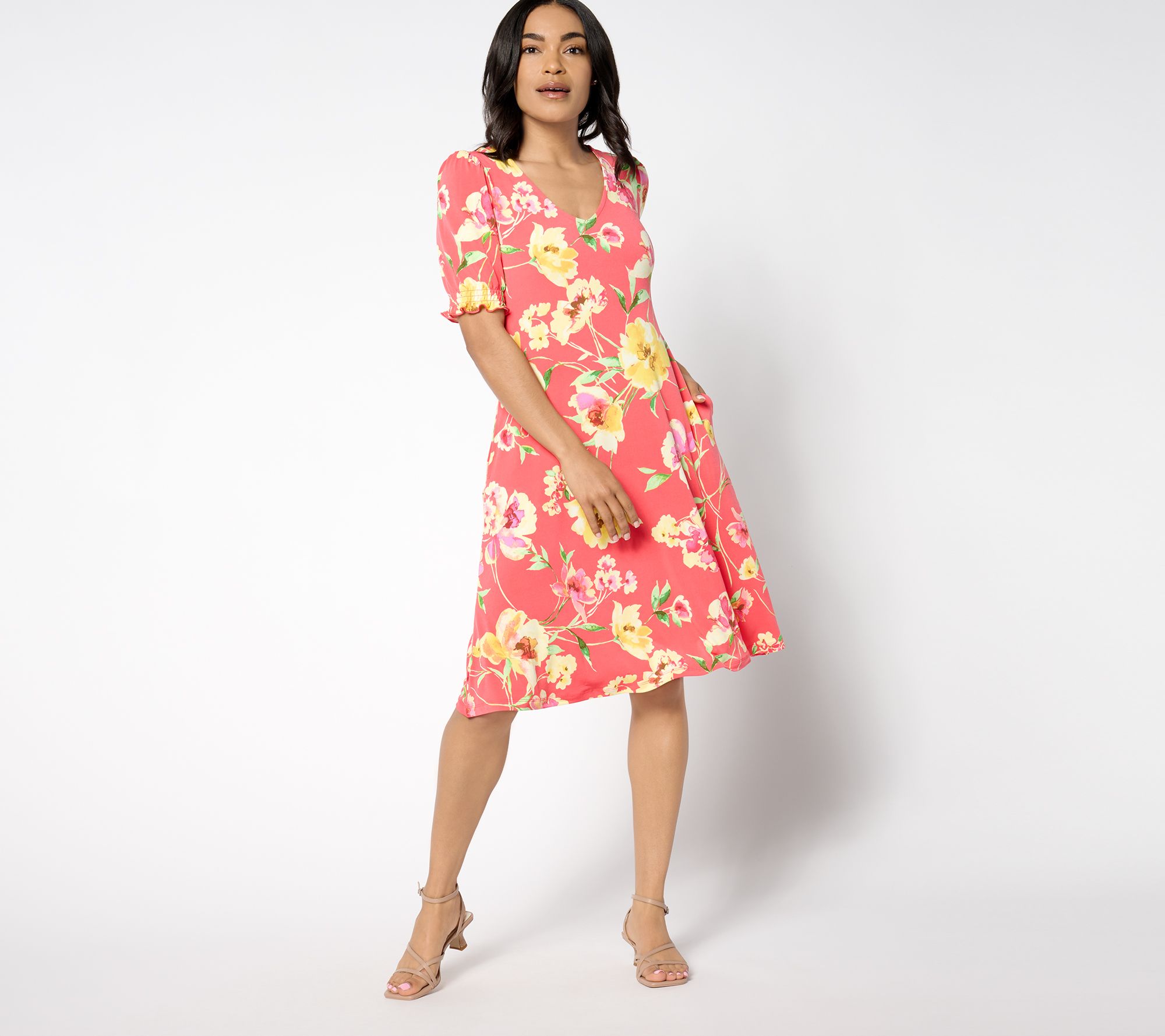 "As Is" Susan Graver Regular Printed Liquid Knit Elbow Slv V-Neck Dress