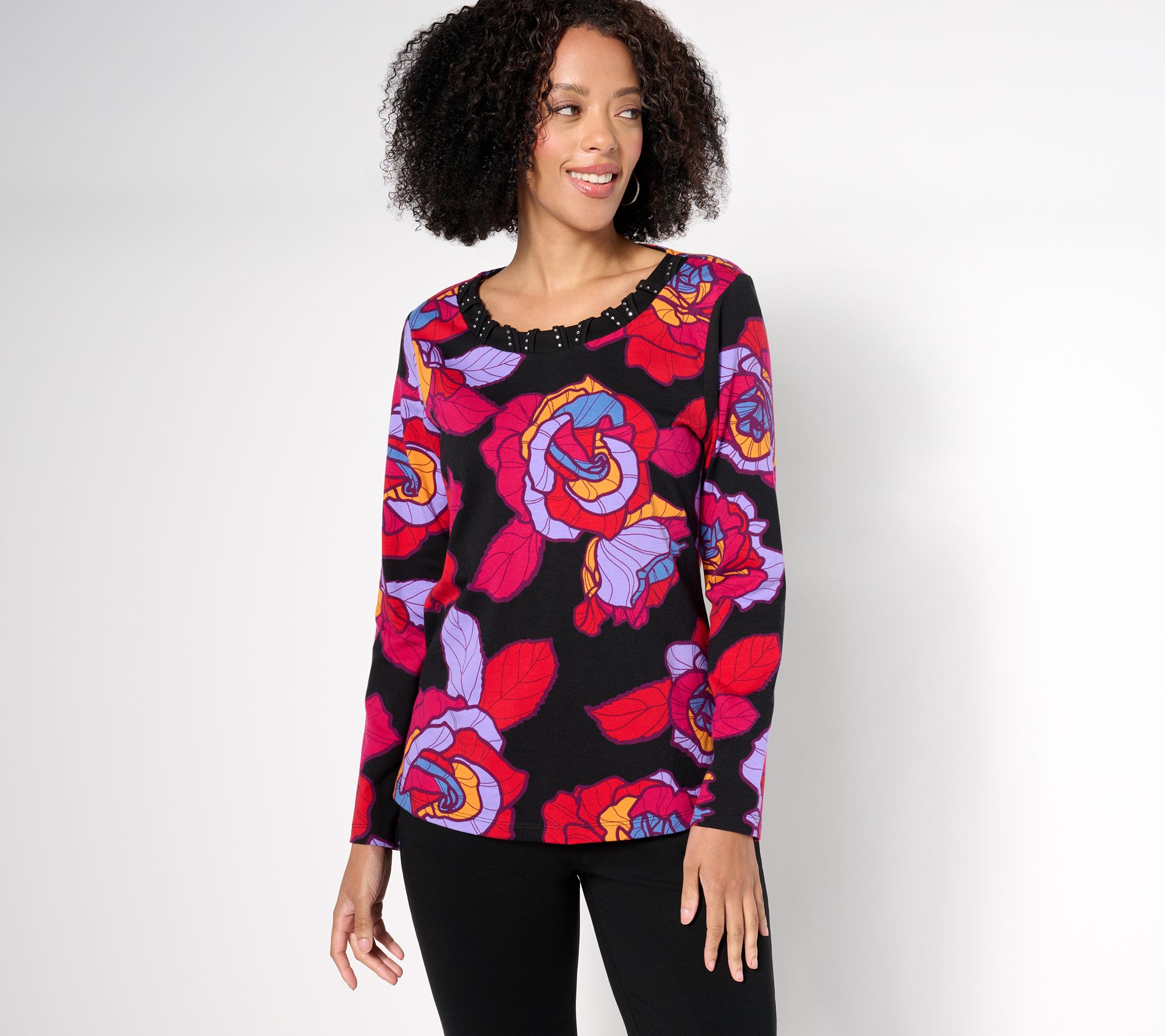 トップス SECRET Sport Savvy Printed Knit Top with Studded Neckline - QVC.com
