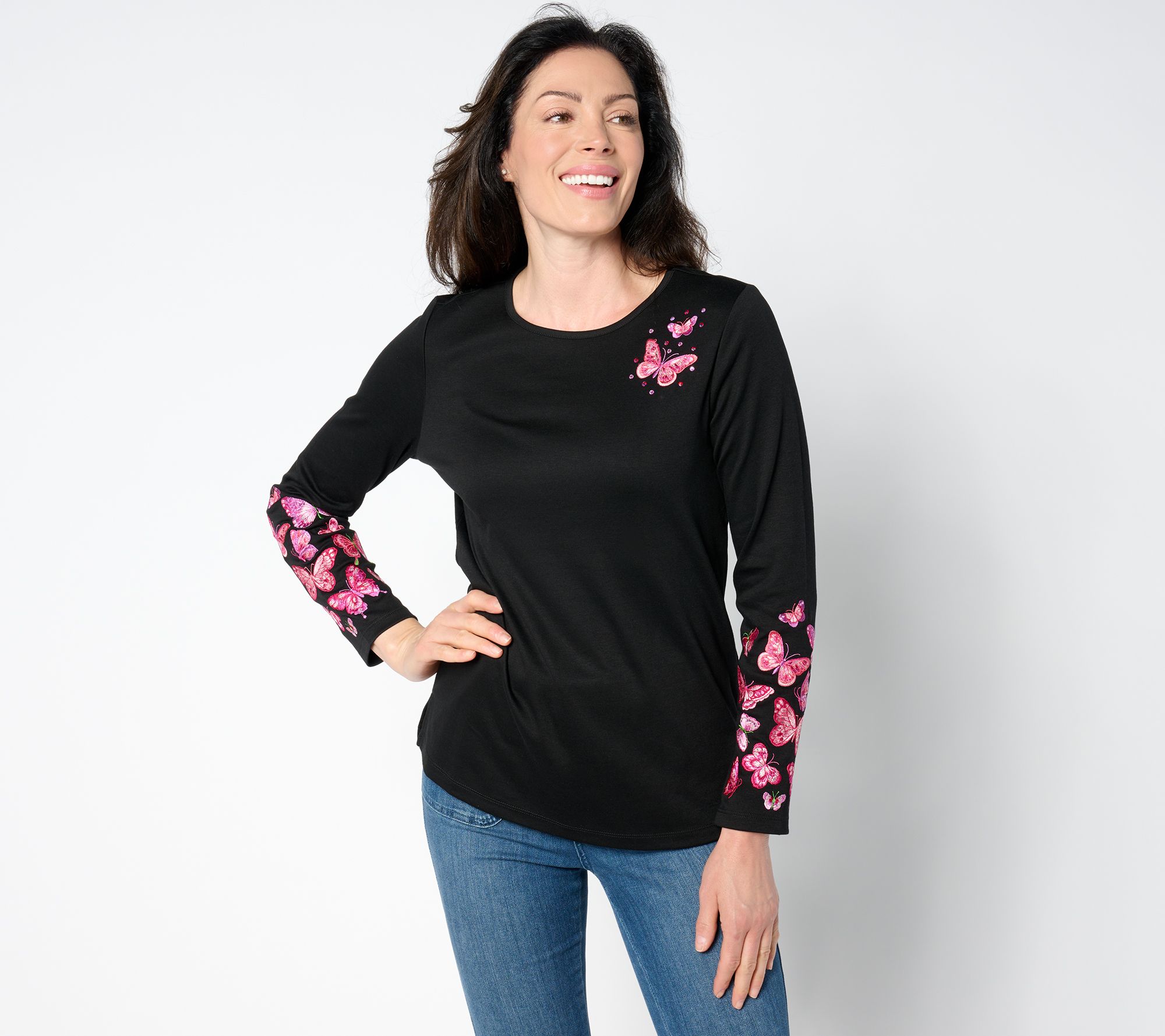 "As Is" Quacker Factory Armed and Fabulous Embroidered Long Sleeve Top