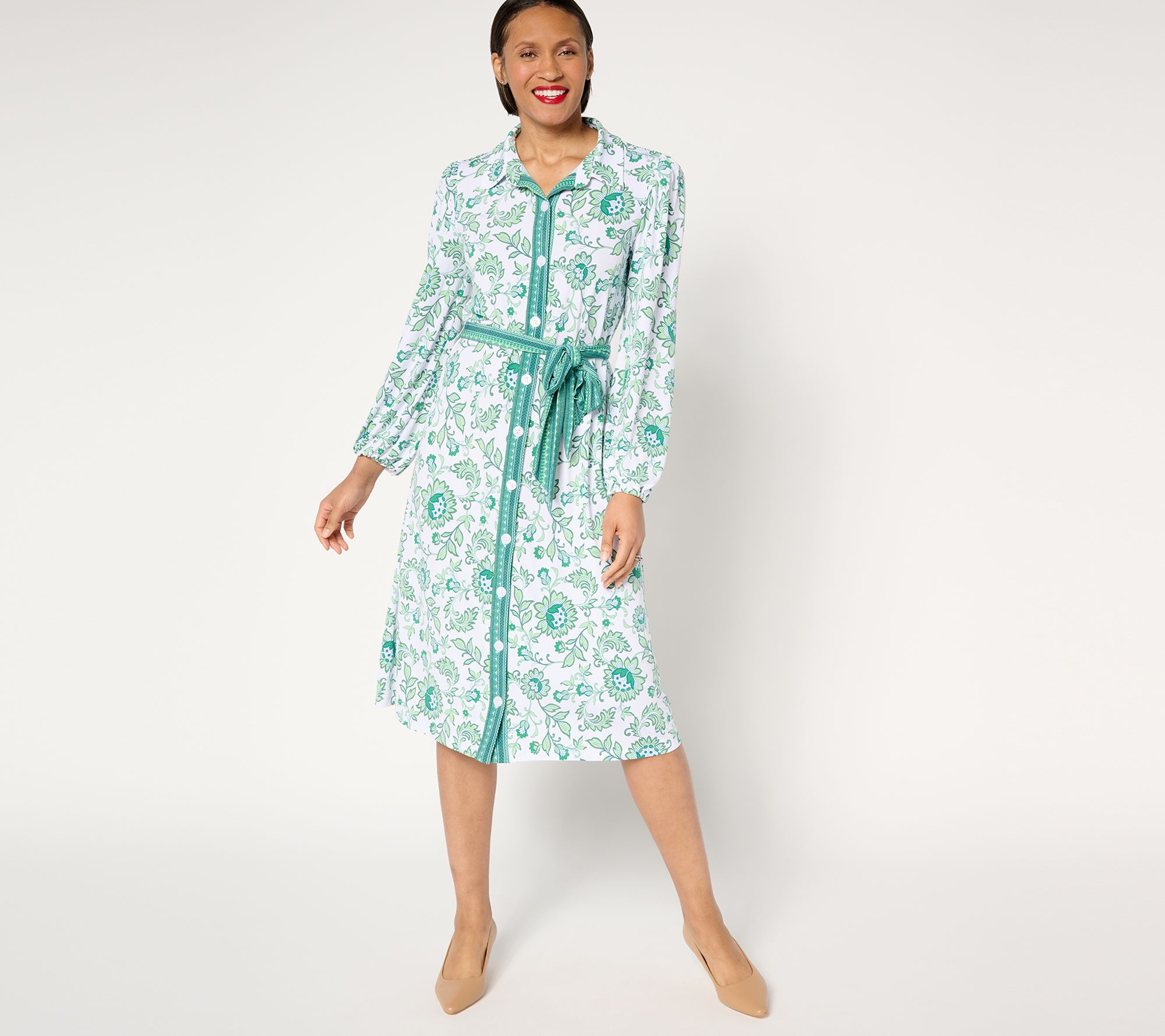 Susan Graver Printed Liquid Knit Regular Button-Front Midi Dress