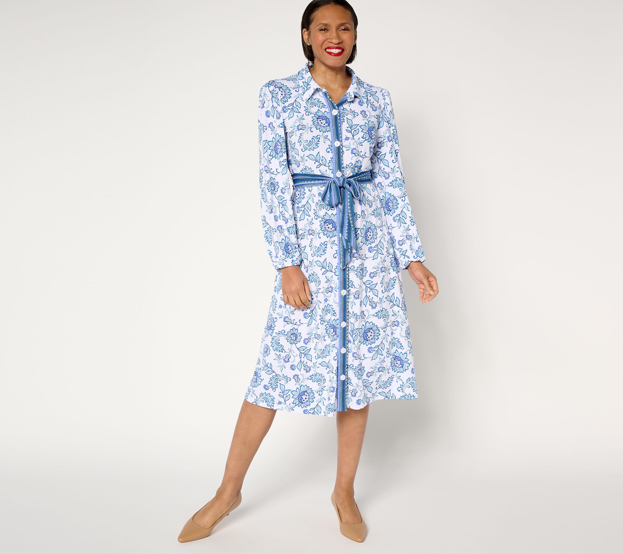 Susan Graver Printed Liquid Knit Regular Button-Front Midi Dress