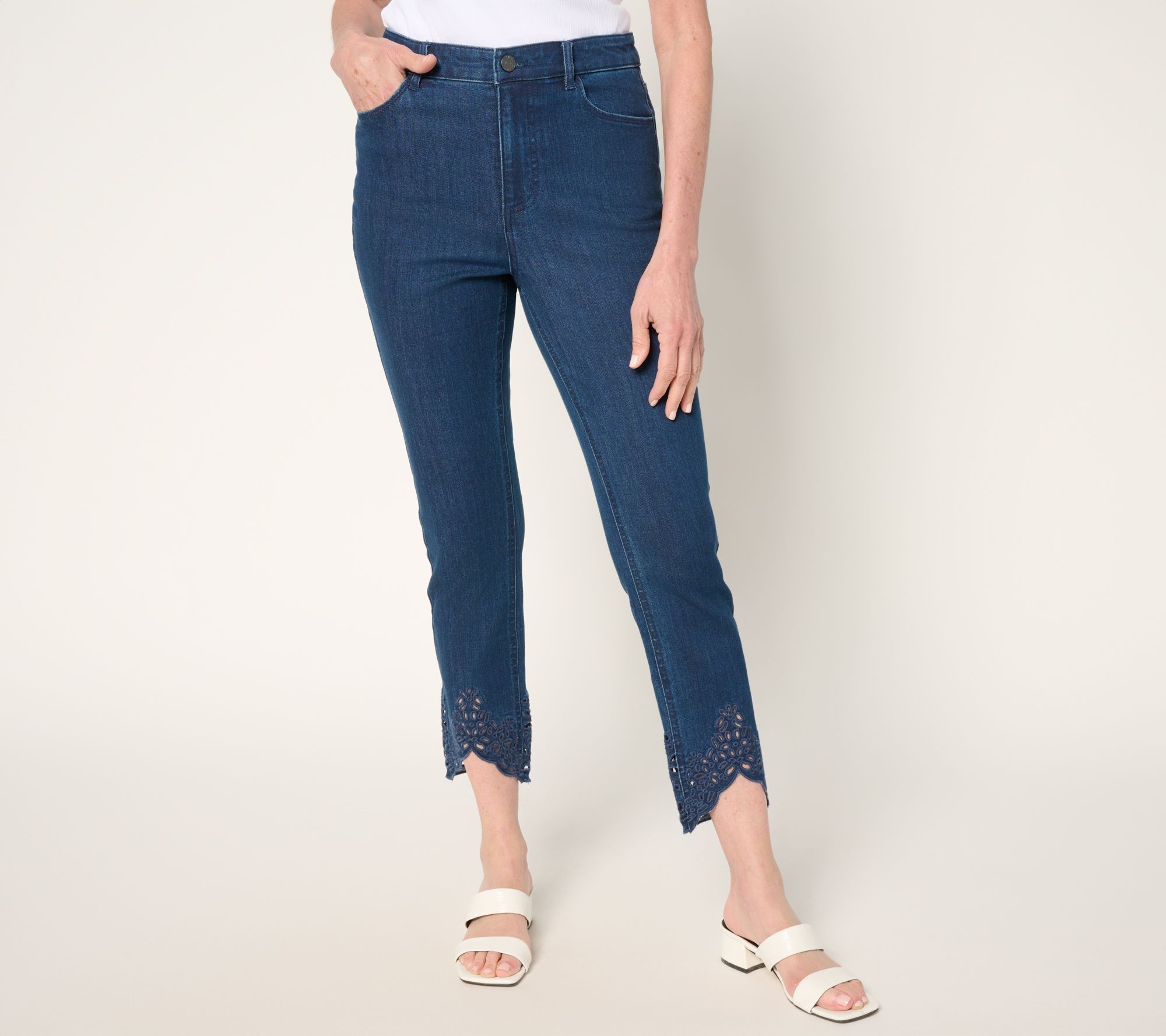 Susan Graver Regular Slim Leg Ankle Jean w/ Embroidered Hem