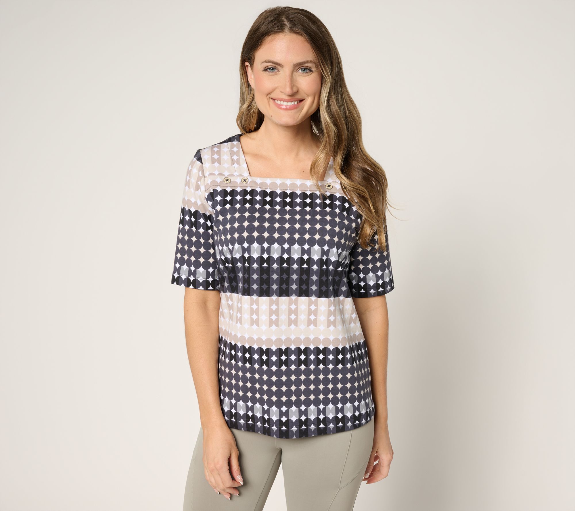 Sport Savvy French Terry Square Neck Printed Top w/ Button Detail