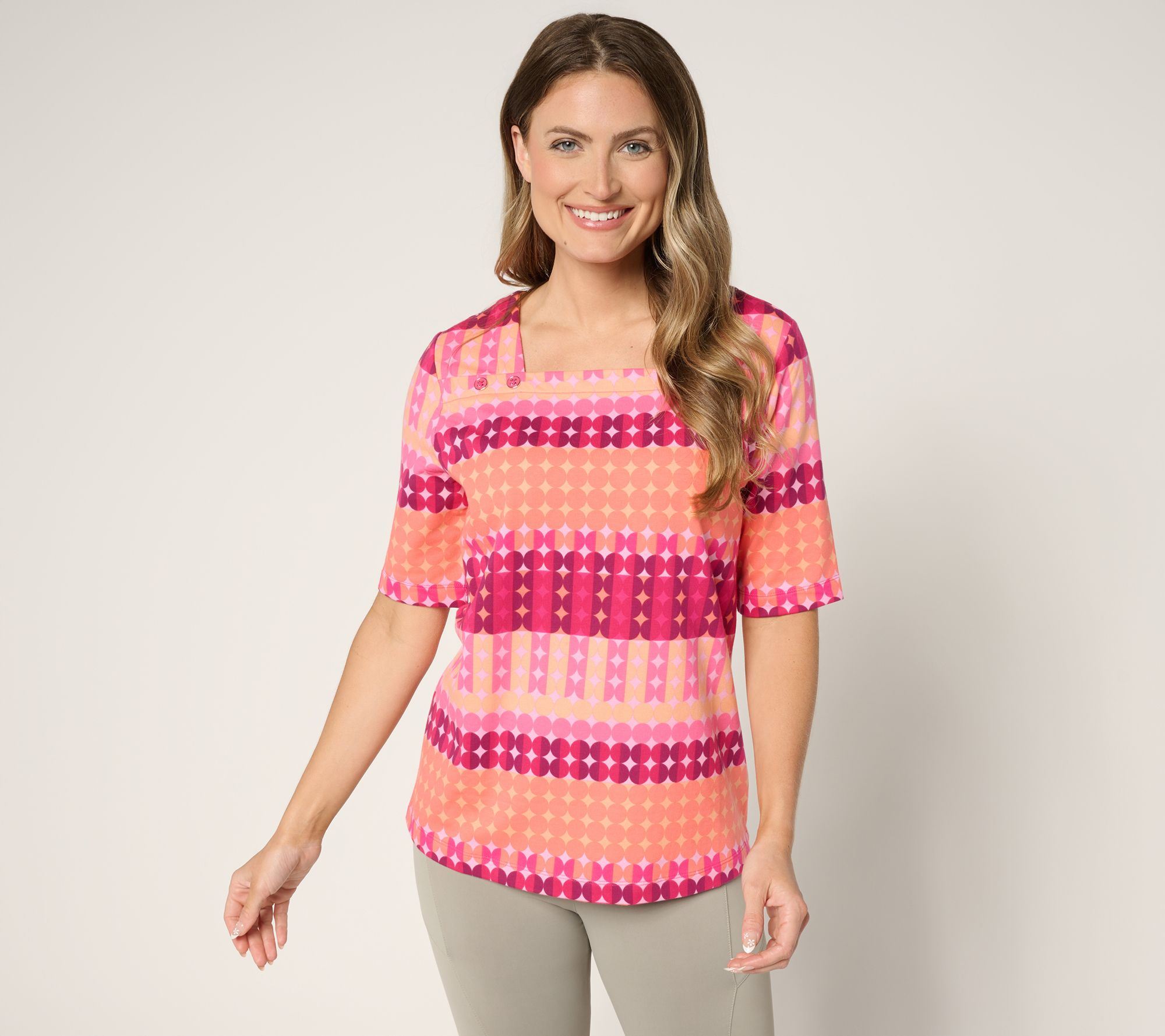Sport Savvy French Terry Square Neck Printed Top w/ Button Detail
