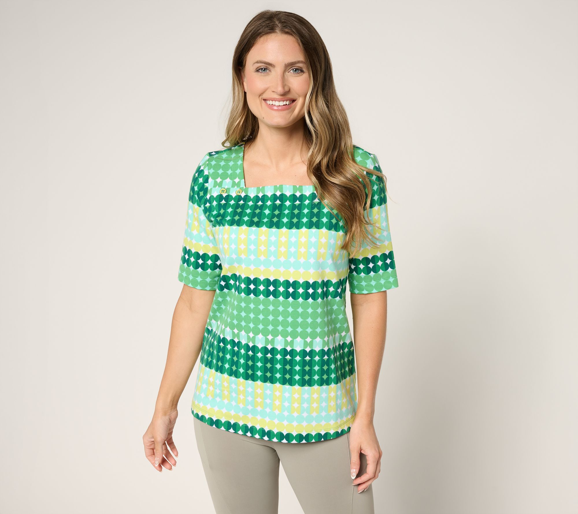 Sport Savvy French Terry Square Neck Printed Top w/ Button Detail