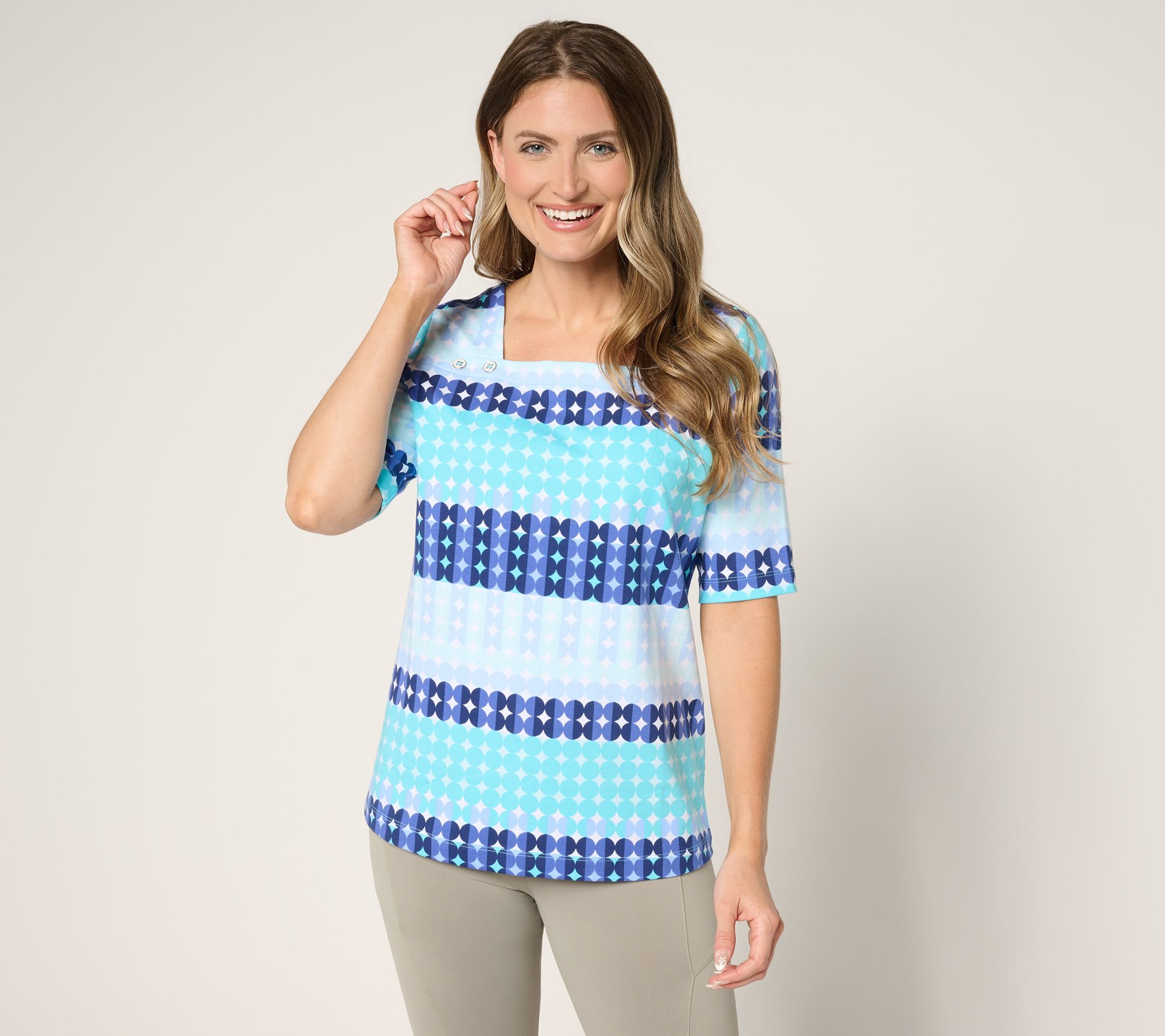 Sport Savvy French Terry Square Neck Printed Top w/ Button Detail