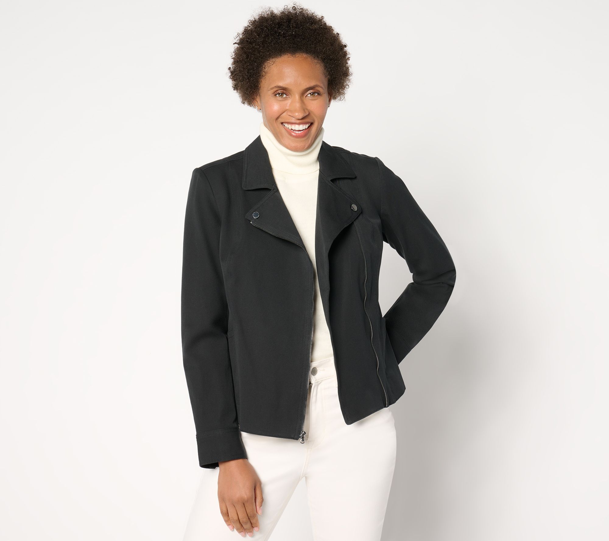 "As Is" Isaac Mizrahi Live! 24/7 Stretch Zip Front Moto Jacket