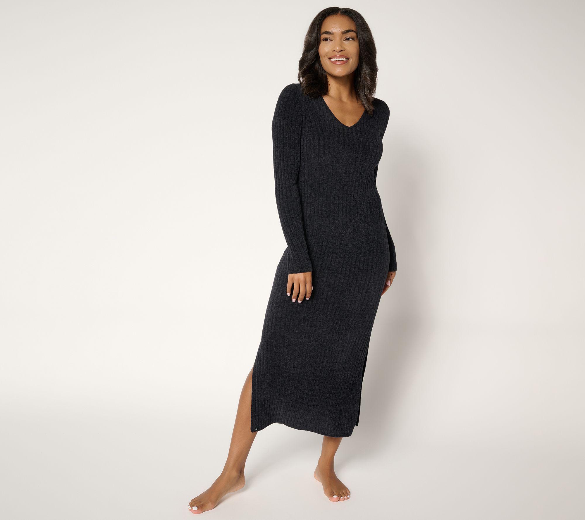 Barefoot Dreams Reg. CozyChic Ultra Lite Long Sleeve V Ribbed Dress