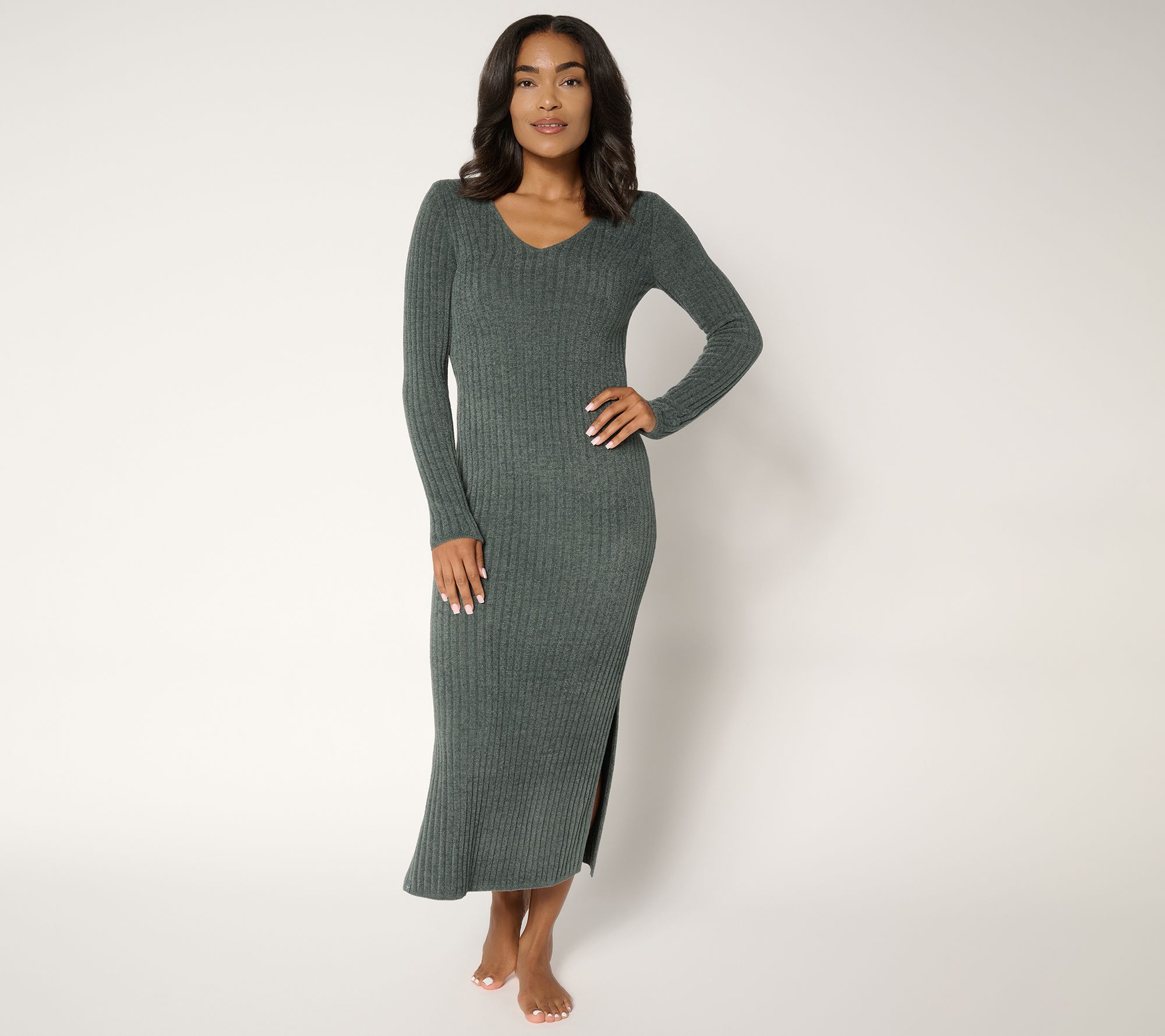 Barefoot Dreams Reg. CozyChic Ultra Lite Long Sleeve V Ribbed Dress