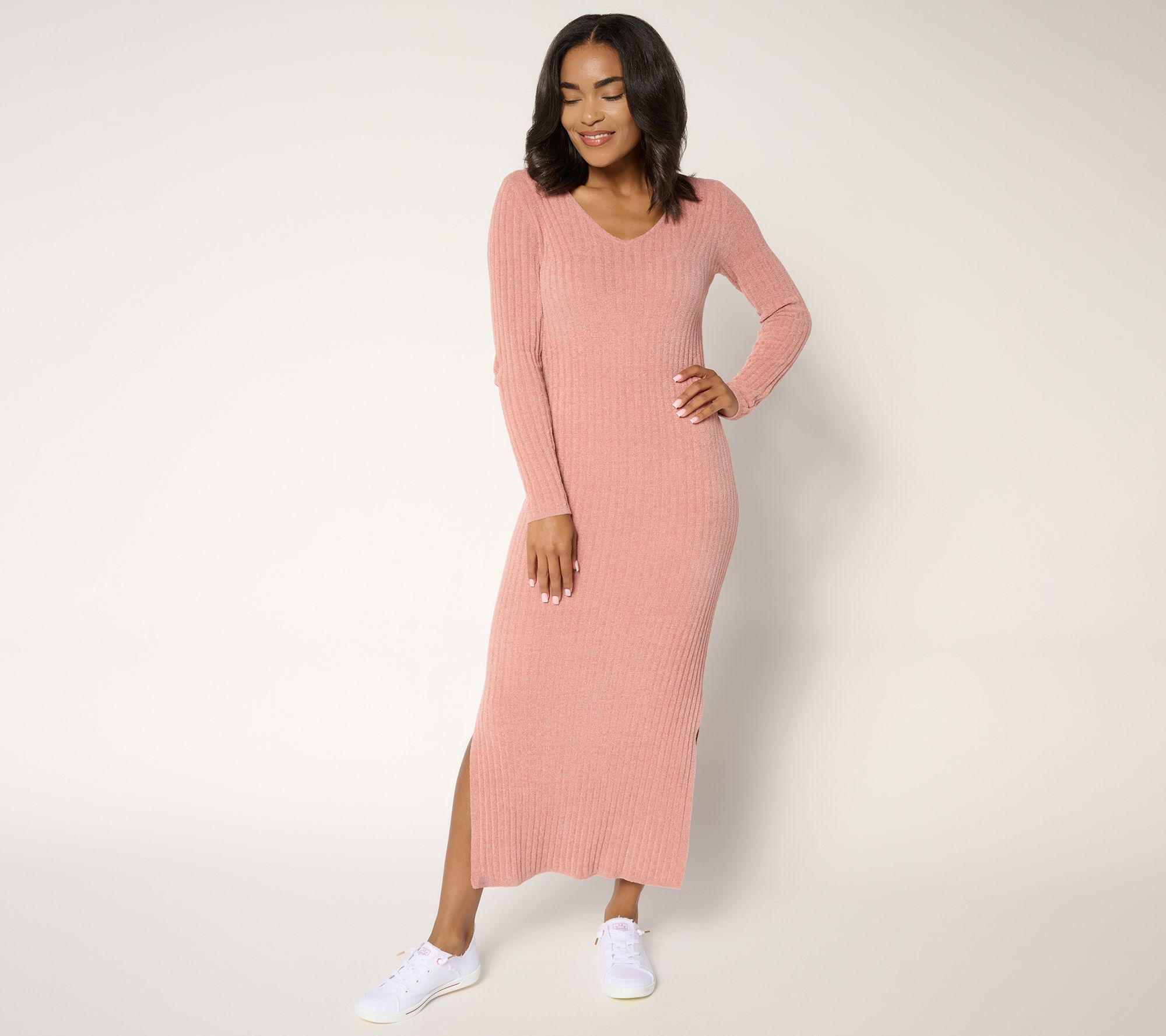 Barefoot Dreams Reg. CozyChic Ultra Lite Long Sleeve V Ribbed Dress